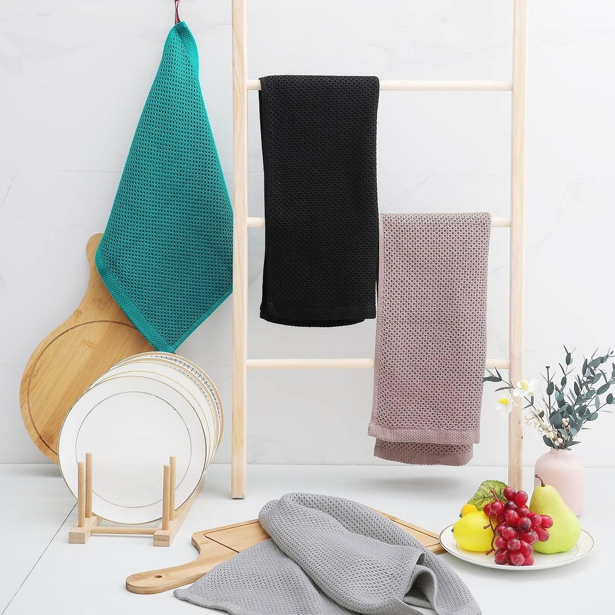 Homaxy 100% Cotton Waffle Weave Kitchen Dish Towels 18-Pack, Black | 13 x 28 Inches, Ultra Soft Absorbent Dish Towels