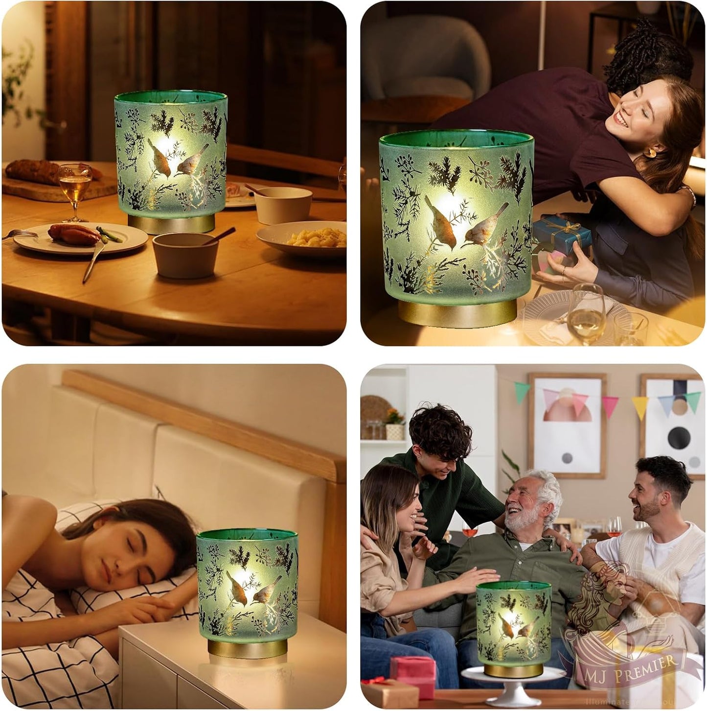 MJ PREMIER Battery Operated Lamps Cordless, Bird Lamp for Home Decor, Green | Large Stained Glass Table Lamp, 3 AA