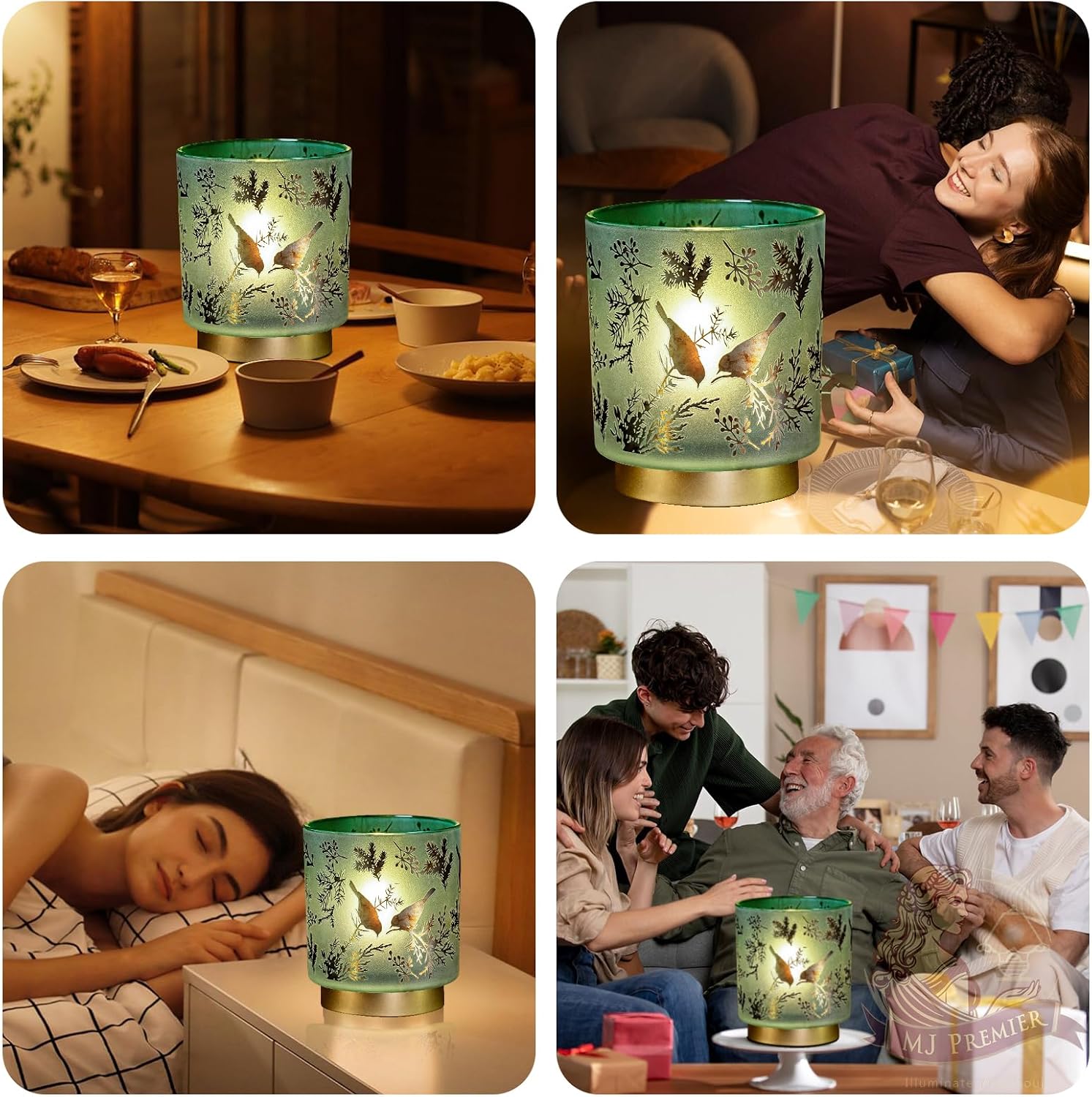 MJ PREMIER Battery Operated Lamps Cordless, Bird Lamp for Home Decor, Green | Large Stained Glass Table Lamp, 3 AA