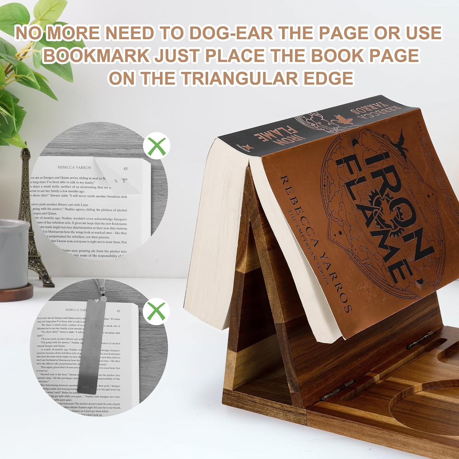 Wooden Book Stand for Reading Rest, Acacia Triangle Book Holder with Cup, Glasses, Pen & Phone Holder, Book Nook