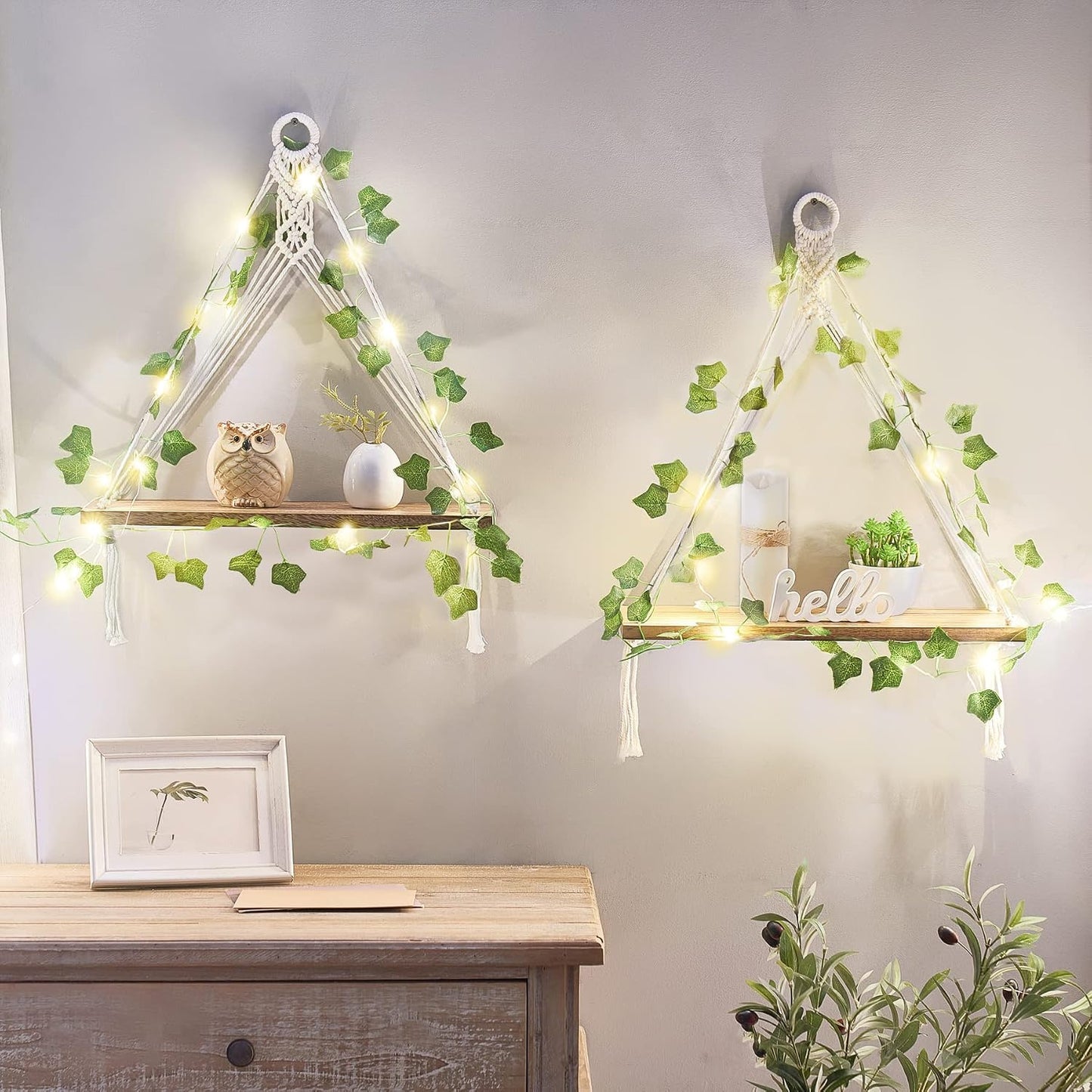 Artificial Ivy Macrame Hanging Shelves / Ivory / Set of 2