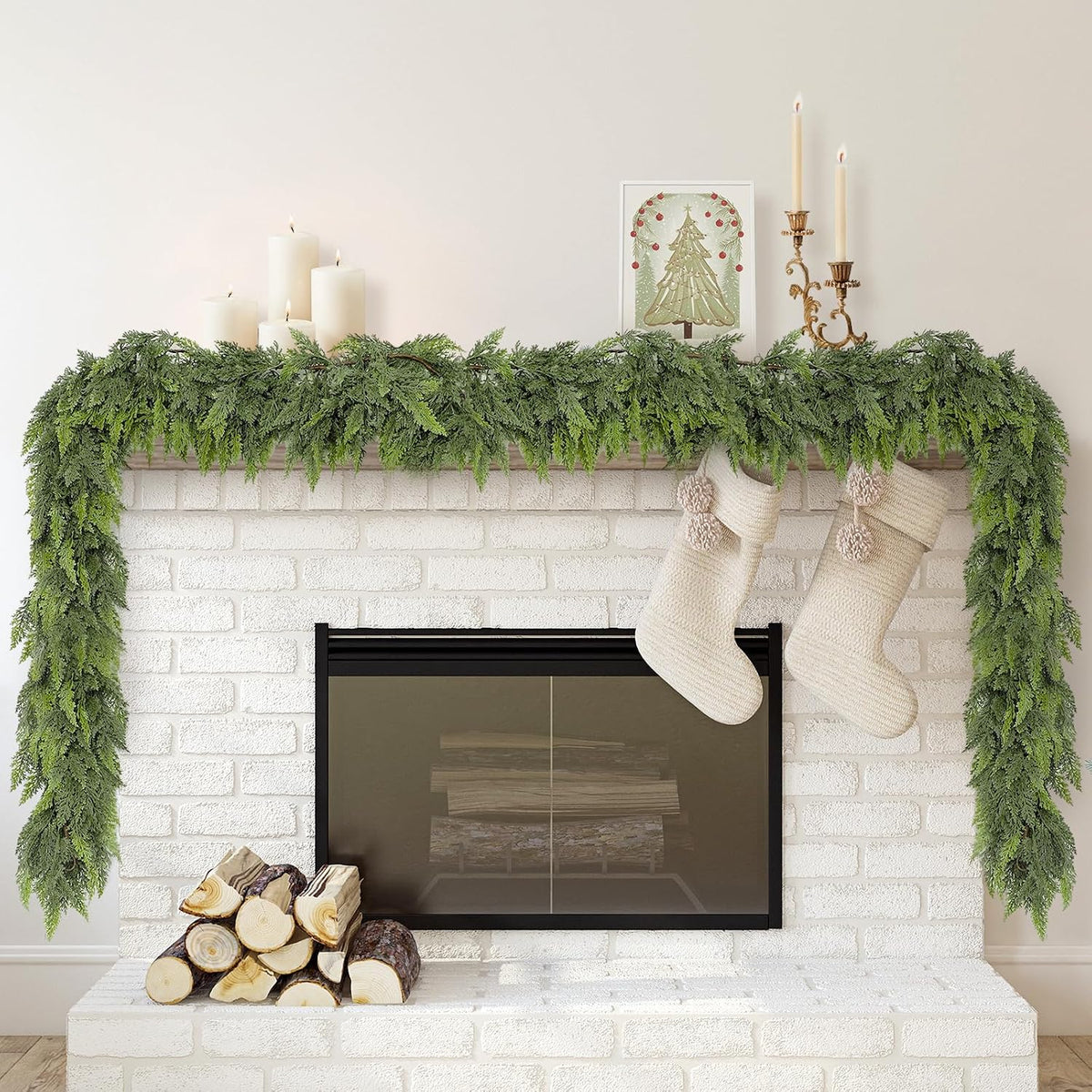 Whaline 15 Ft Christmas Norfolk Pine Garland Artificial Cedar Pine Garlands for Winter Xmas Indoor Outdoor Home Party