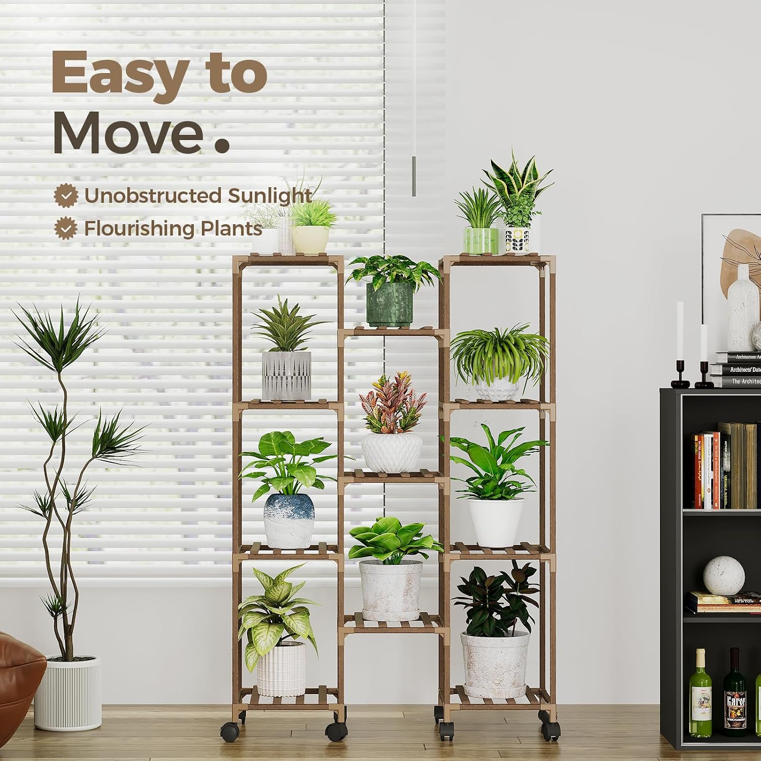 Bamworld Plant Stand With Wheels Indoor Outdoor Wood Plants Shelf for Multiple Plants 11 Pots,Tall Large Flower Holder