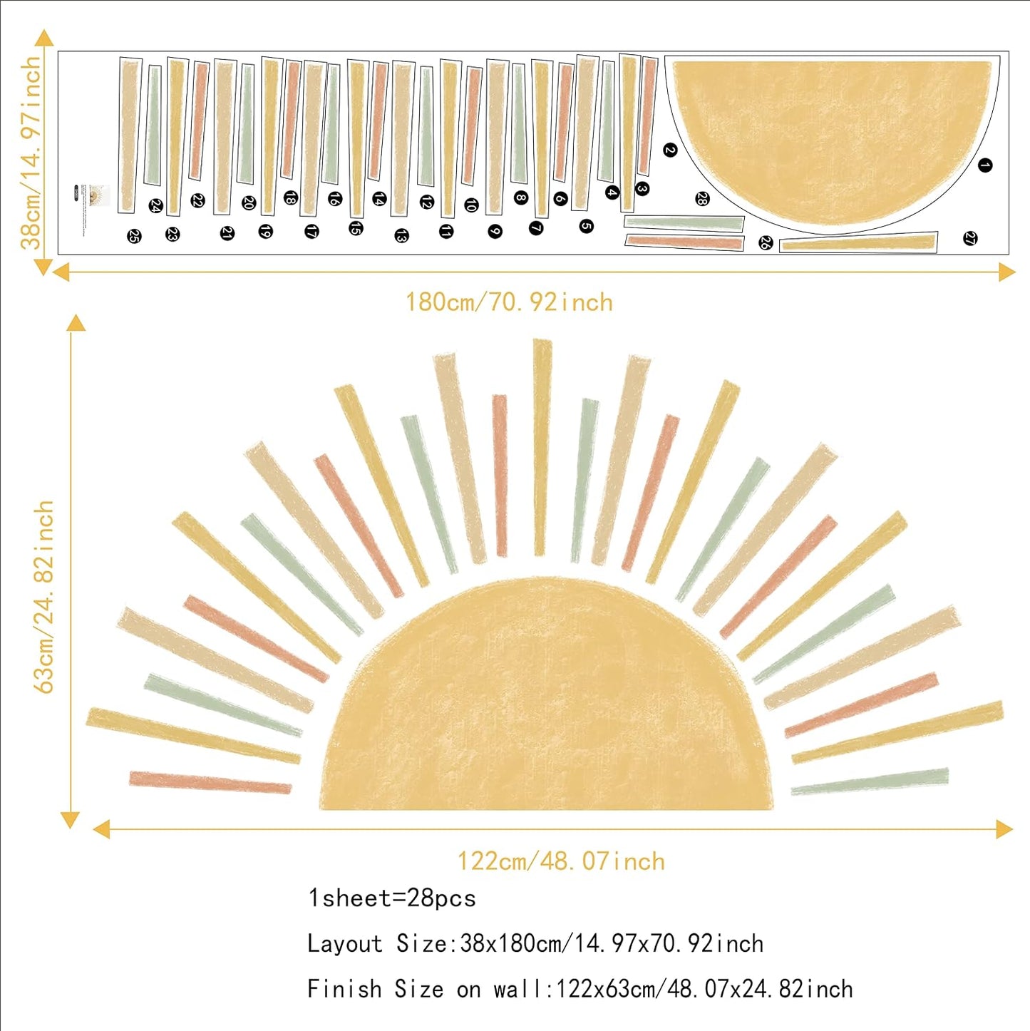 Watercolor Boho Sun Wall Decals Peel and Stick