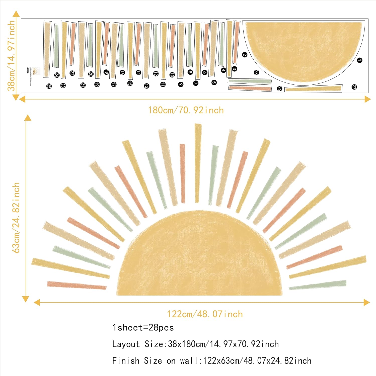 Watercolor Boho Sun Wall Decals Peel and Stick