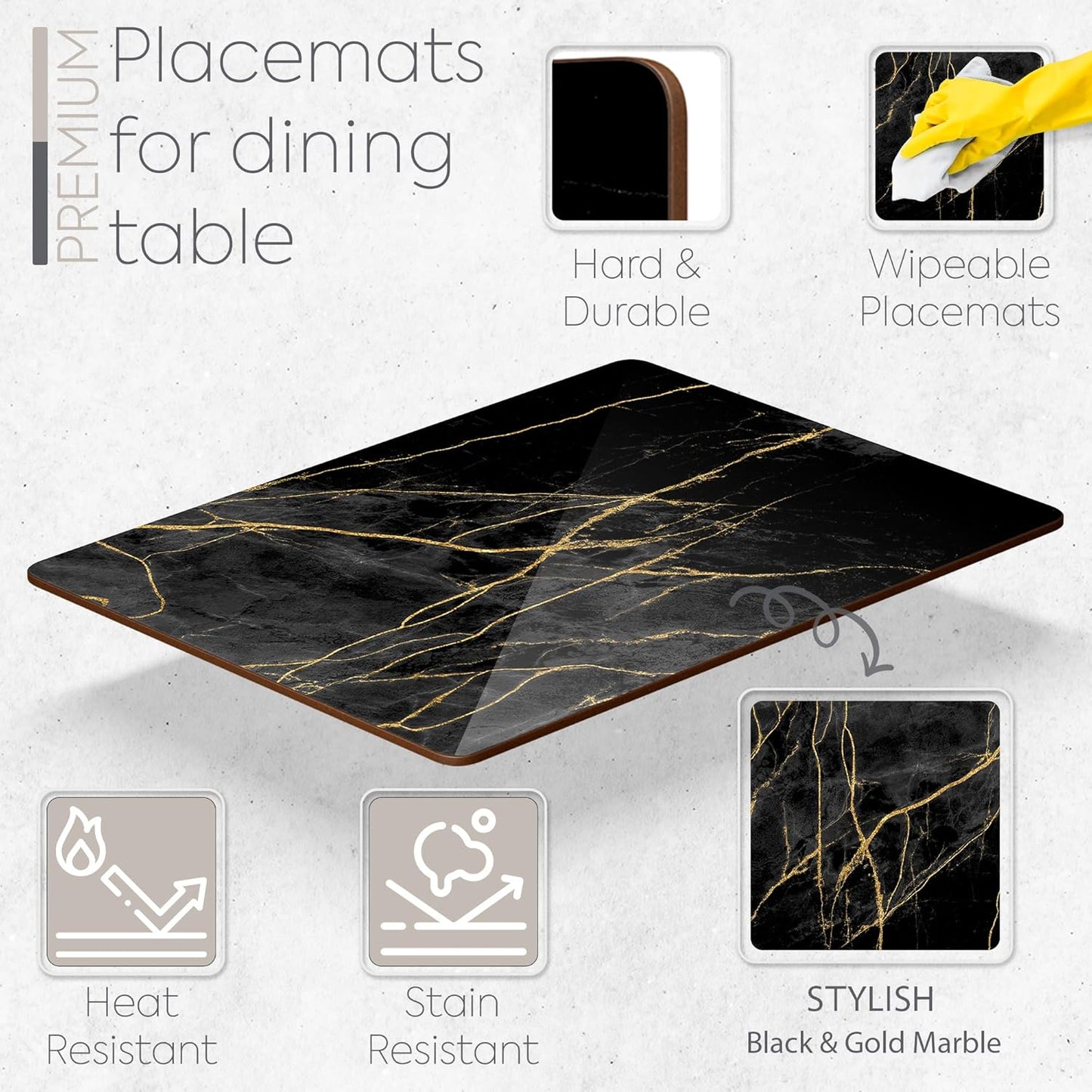 Heat Resistant Cork Placemats for Dining Table / Black & Gold Marble / Set of 4