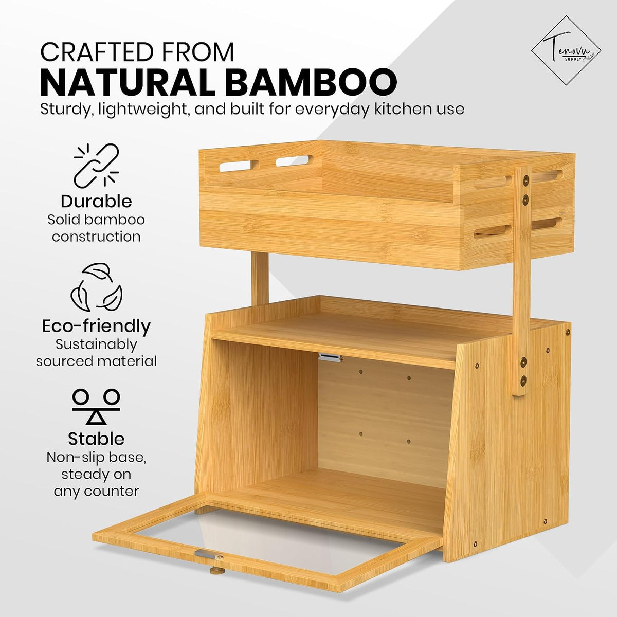 Bamboo Bread Box with Fruit Basket, 2-in-1 Kitchen Countertop Organizer | Vertical storage with acrylic window door, 8