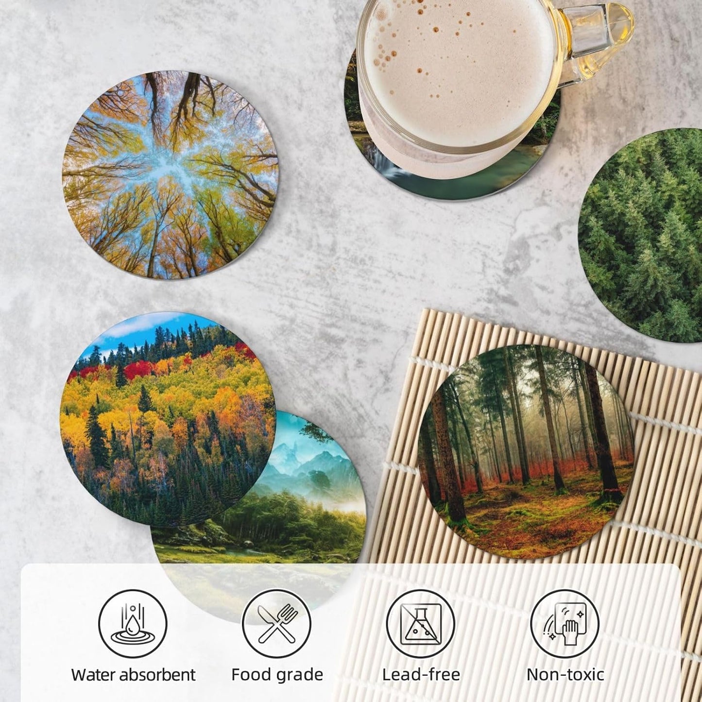 Absorbent Ceramic Coasters for Drinks / Forest Secrets / Set of 6