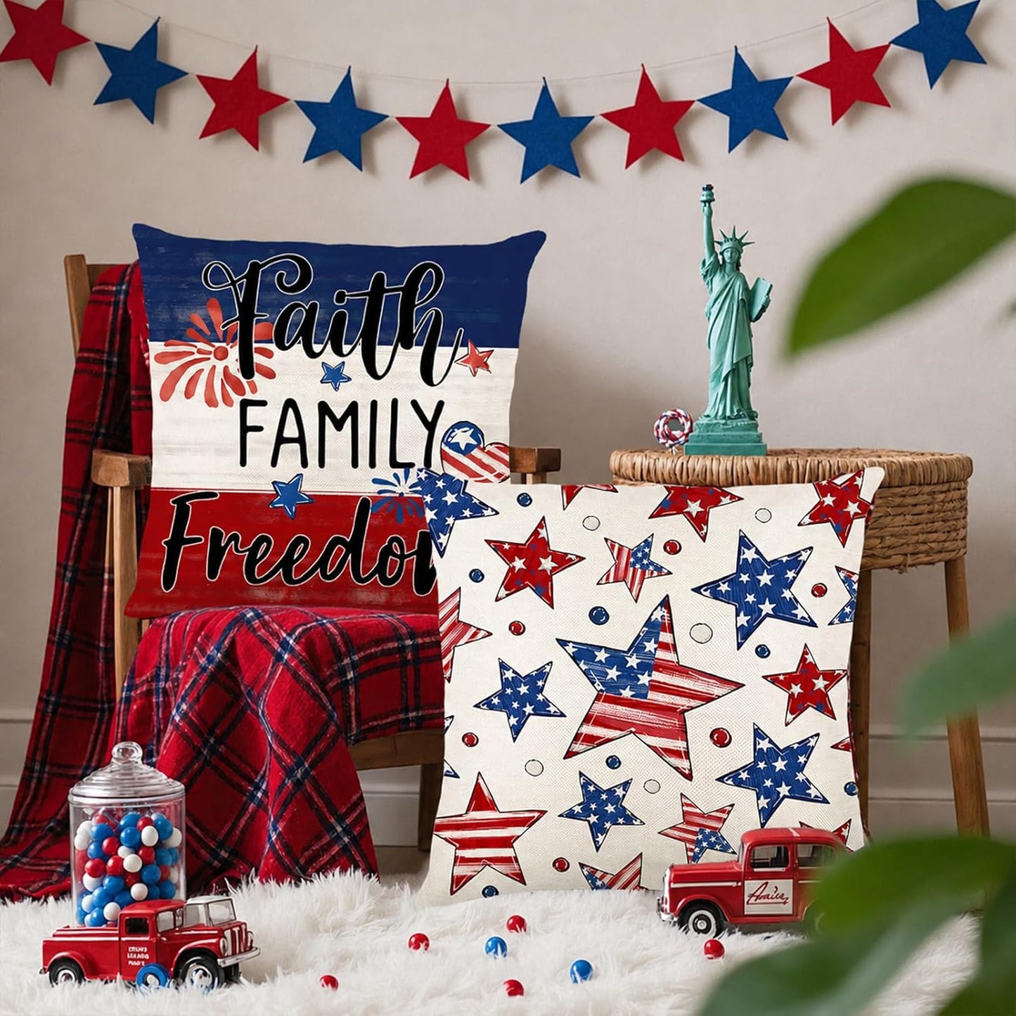 Patriotic Pillow Covers / Red White Blue 2 / 18 x 18 / Set of 4