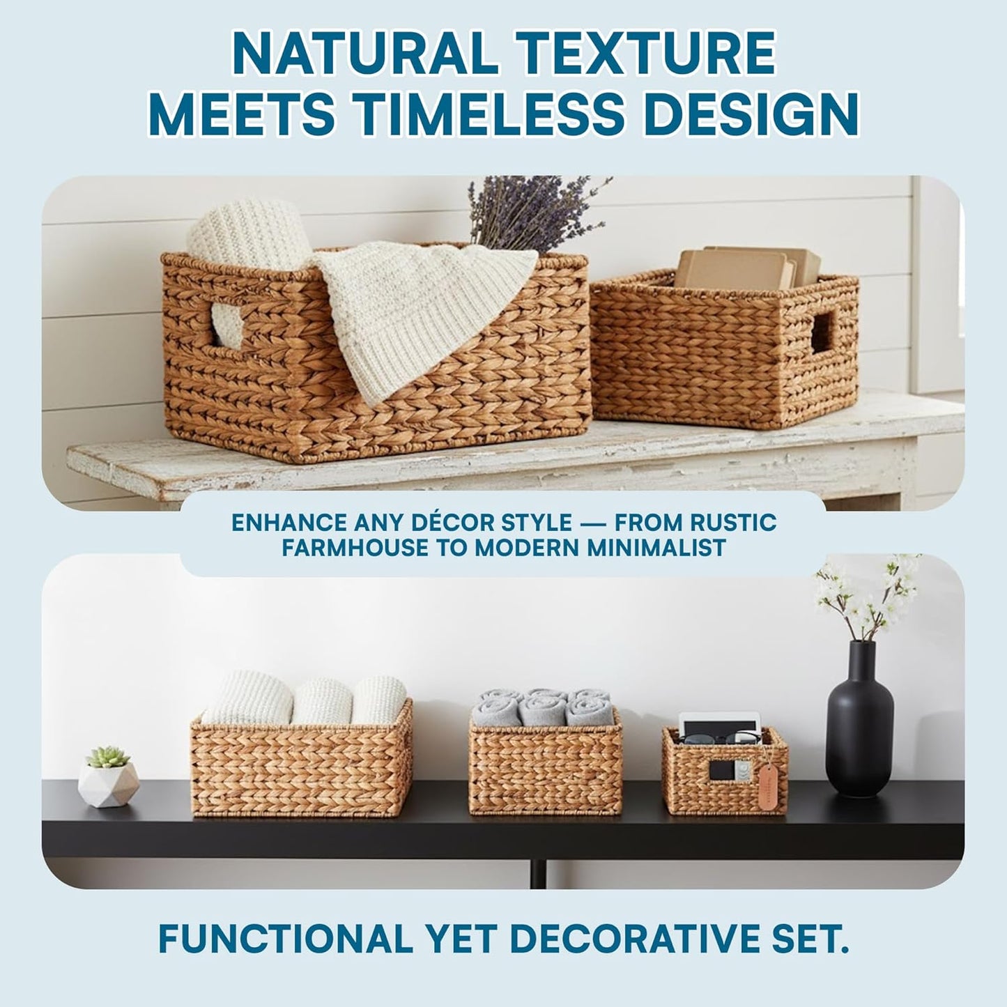 Banana Leaf Storage Baskets -Water Hyacinth Woven Basket / 9" L x 9" W x 6" H / Nested Basket Kit