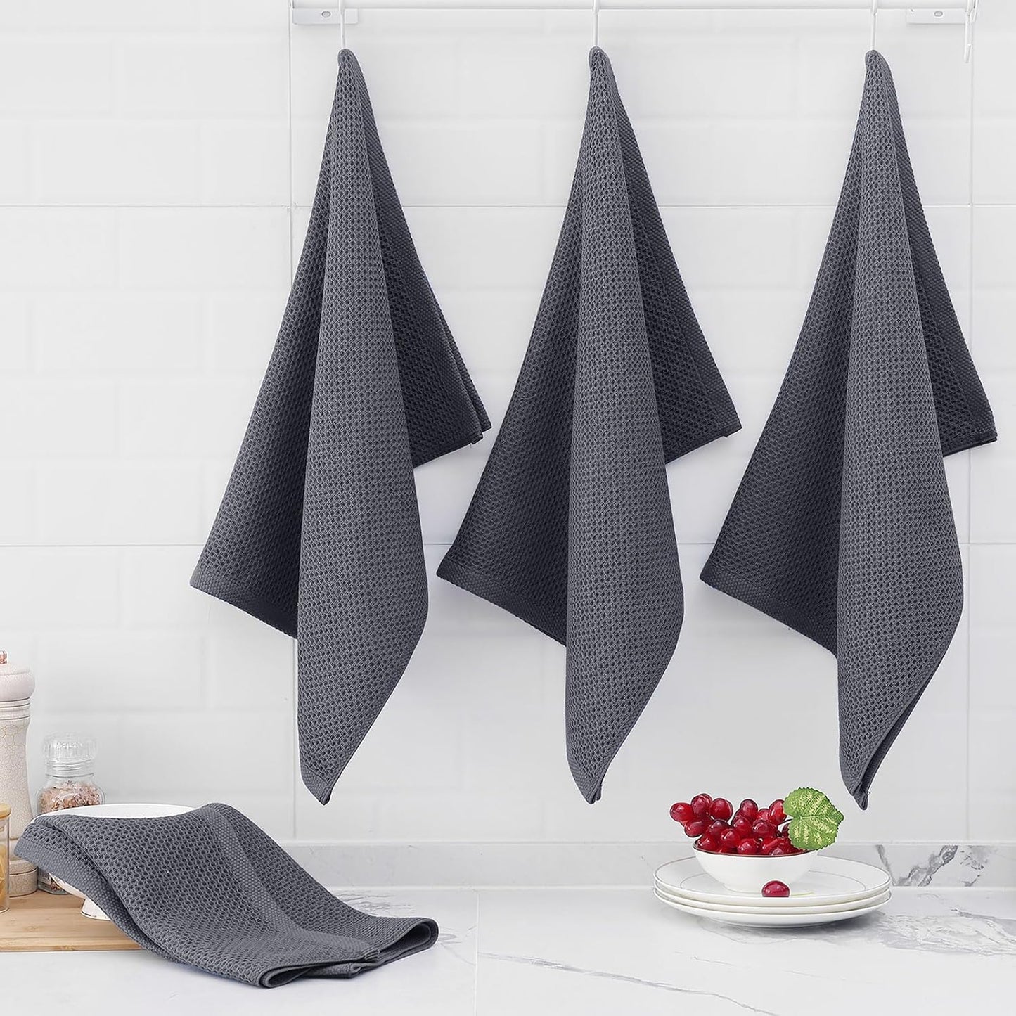 Homaxy 100% Cotton Oversized Waffle Weave Kitchen Towels 6-Pack, Dark Grey | 20 x 28 Inches, Ultra Soft Absorbent Dish