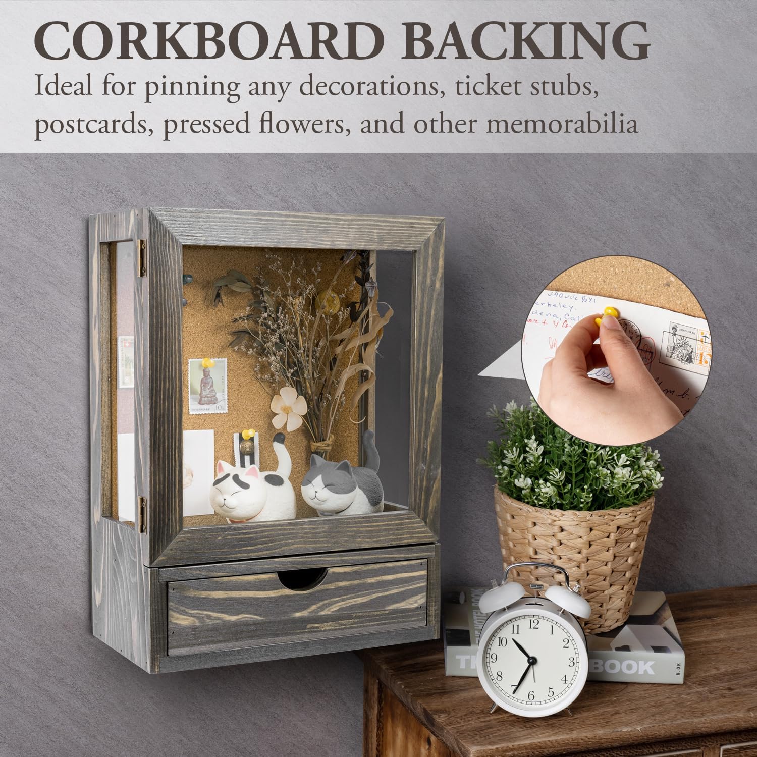 MyGift Deep Shadow Box Frame with Cork Back and Bottom Storage Drawer, Shadow Box Display Case Wall Mounted, Clear