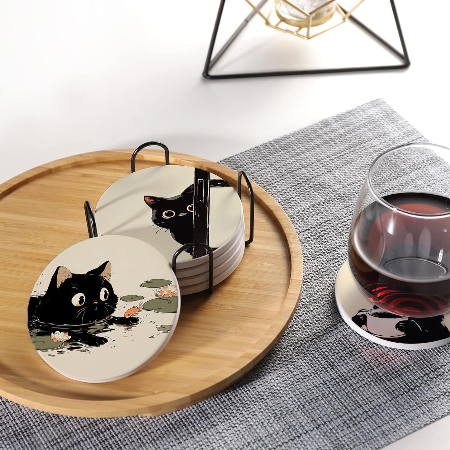 Holder / Coaster for Drinks / Cute Black Cat Design / Round / Set of 6