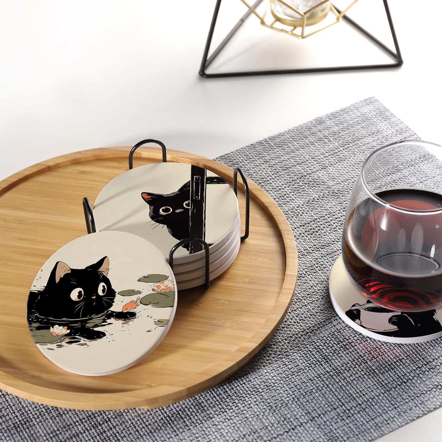 Holder / Coaster for Drinks / Cute Black Cat Design / Round / Set of 6
