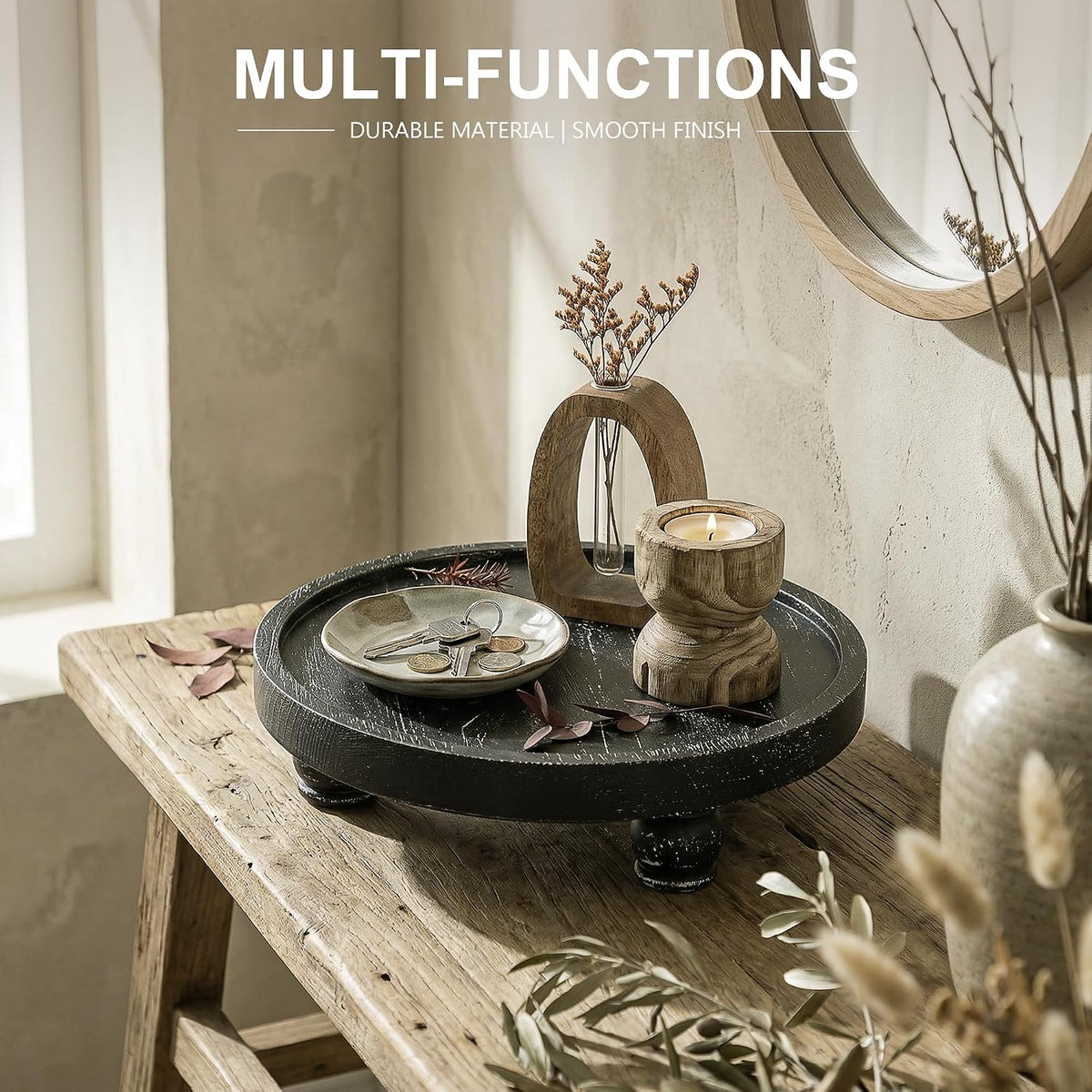 EOSAHR Display Riser: Rustic Pedestal Stand for Kitchen Counter, Old Black | Pine Wood, 10" Round Pedestal Riser, Wood