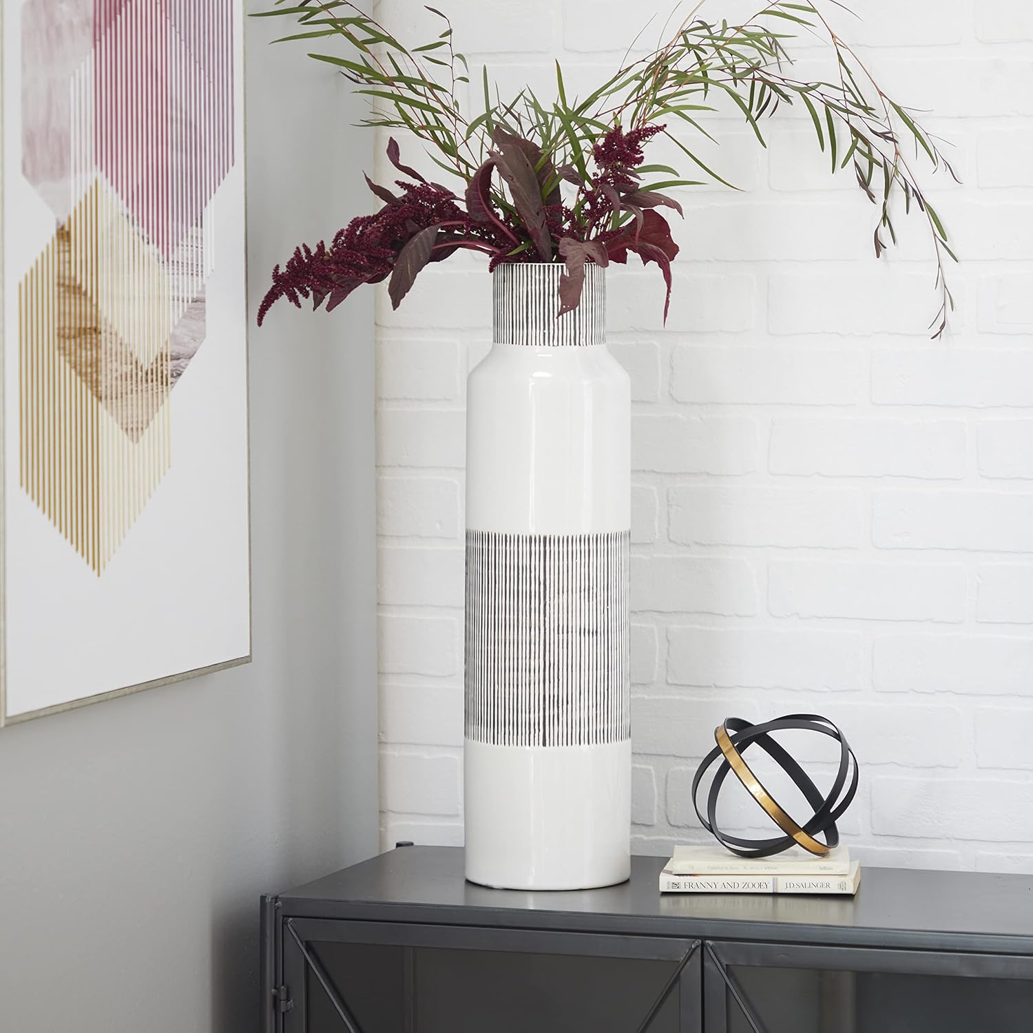 Ceramic Vase / White / Grey / 6 x 6 x 22