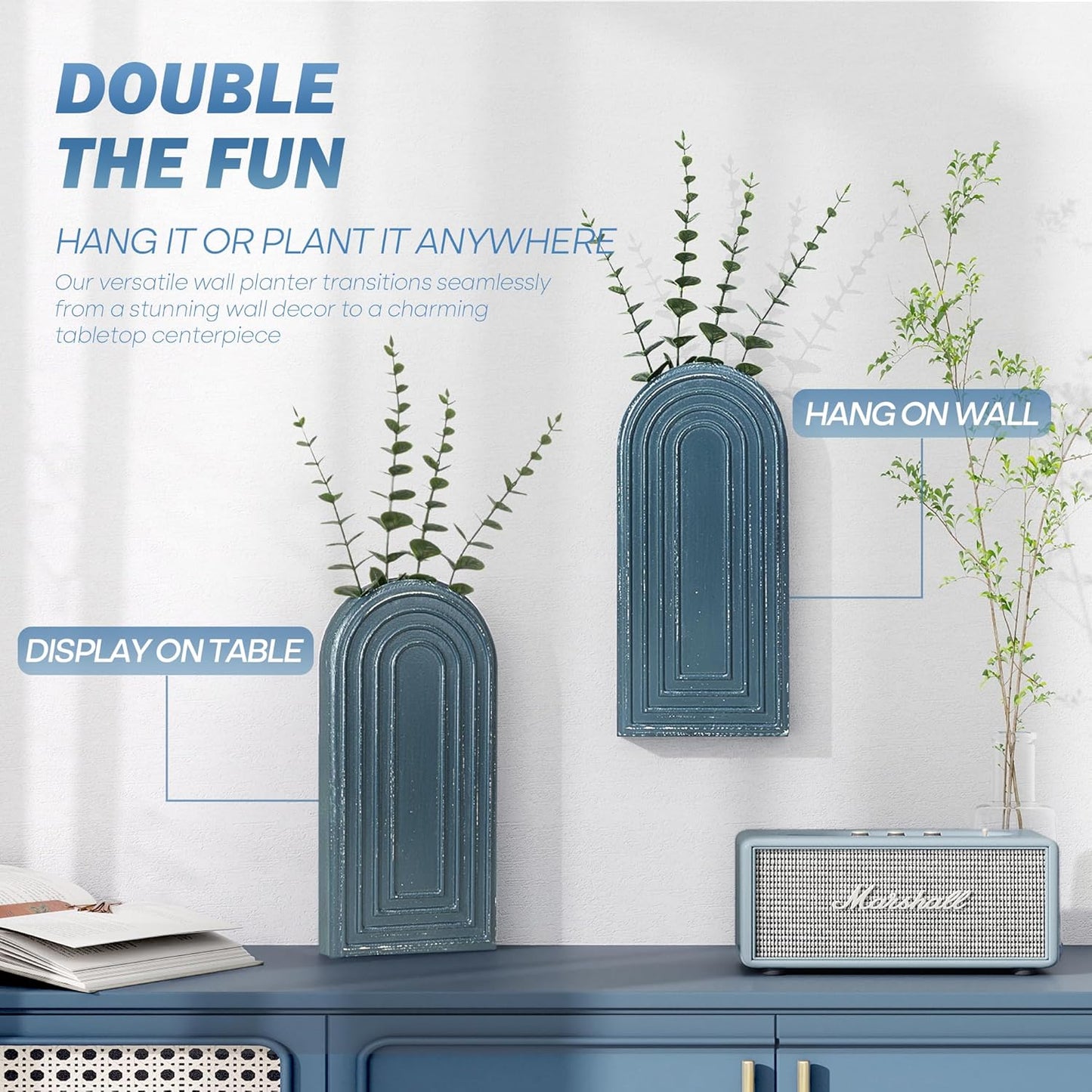 Pine Wood Wall Vases / Denim Blue / Set of 2
