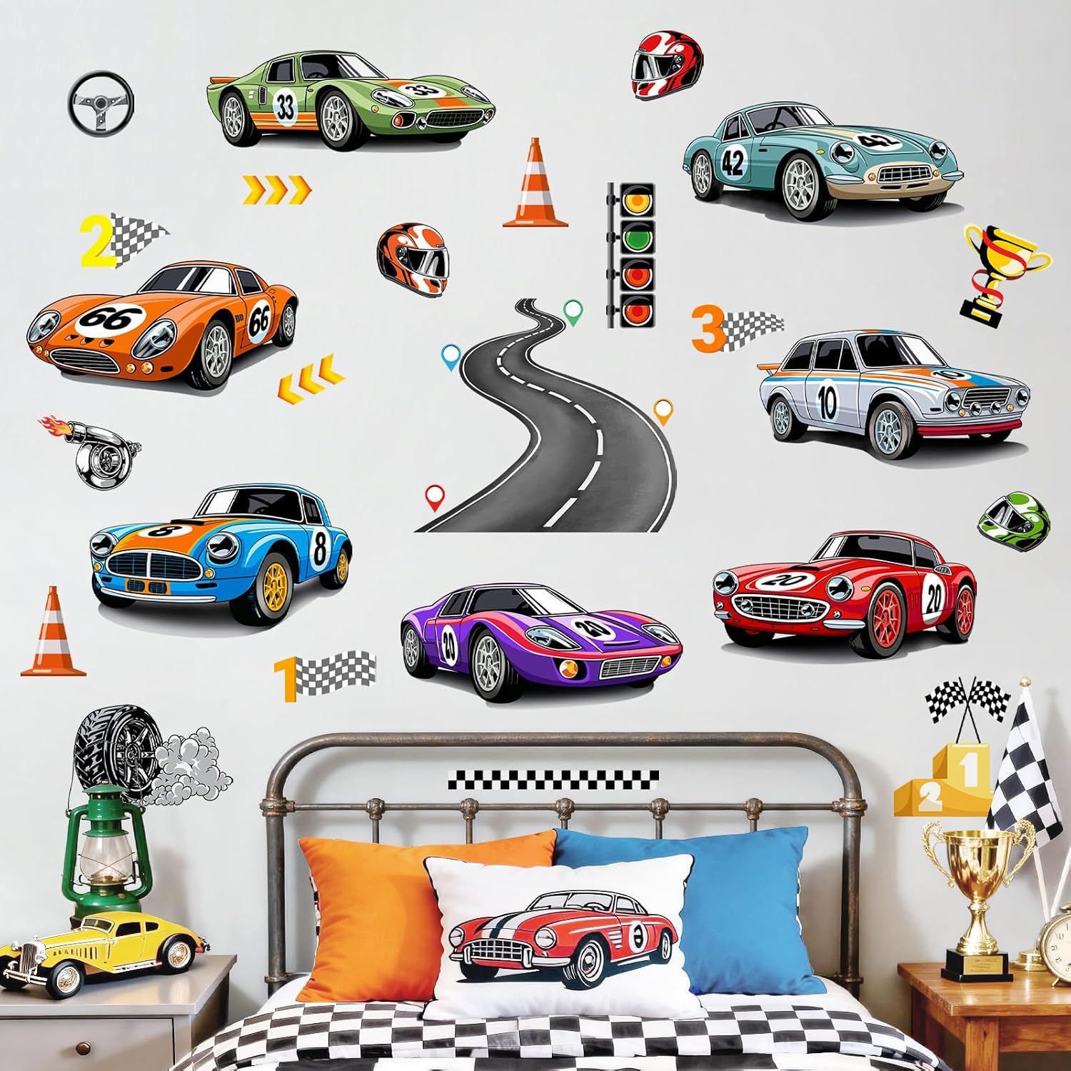 Racing Car Wall Decals Roads Vehicles Wall Stickers Vinyl Removable Wall Art for Boys Bedroom Kids