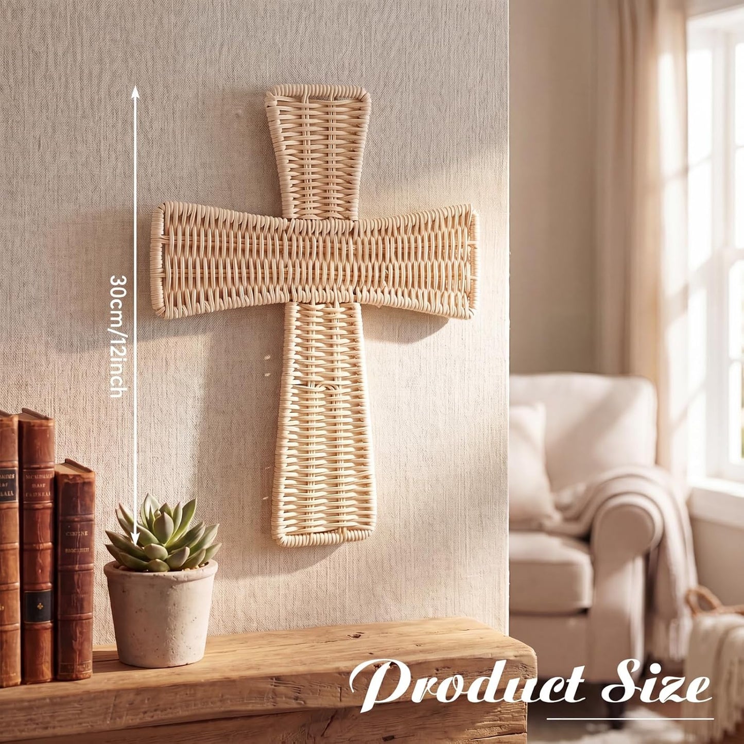 Boho Wicker Wall Decor Handmade Rattan Bohemian Hanging Ornament Rustic / Cross / Natural / 12 Inch