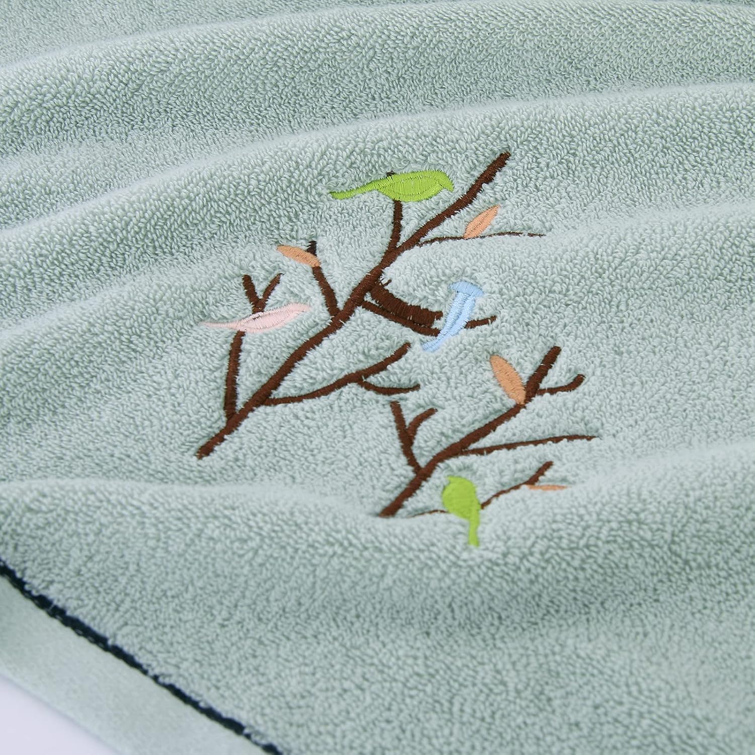 Hand Towels Set of 4 Embroidered Bird Tree Pattern 100% Cotton Absorbent Soft Decorative Towel for Bathroom (Aqua Green)