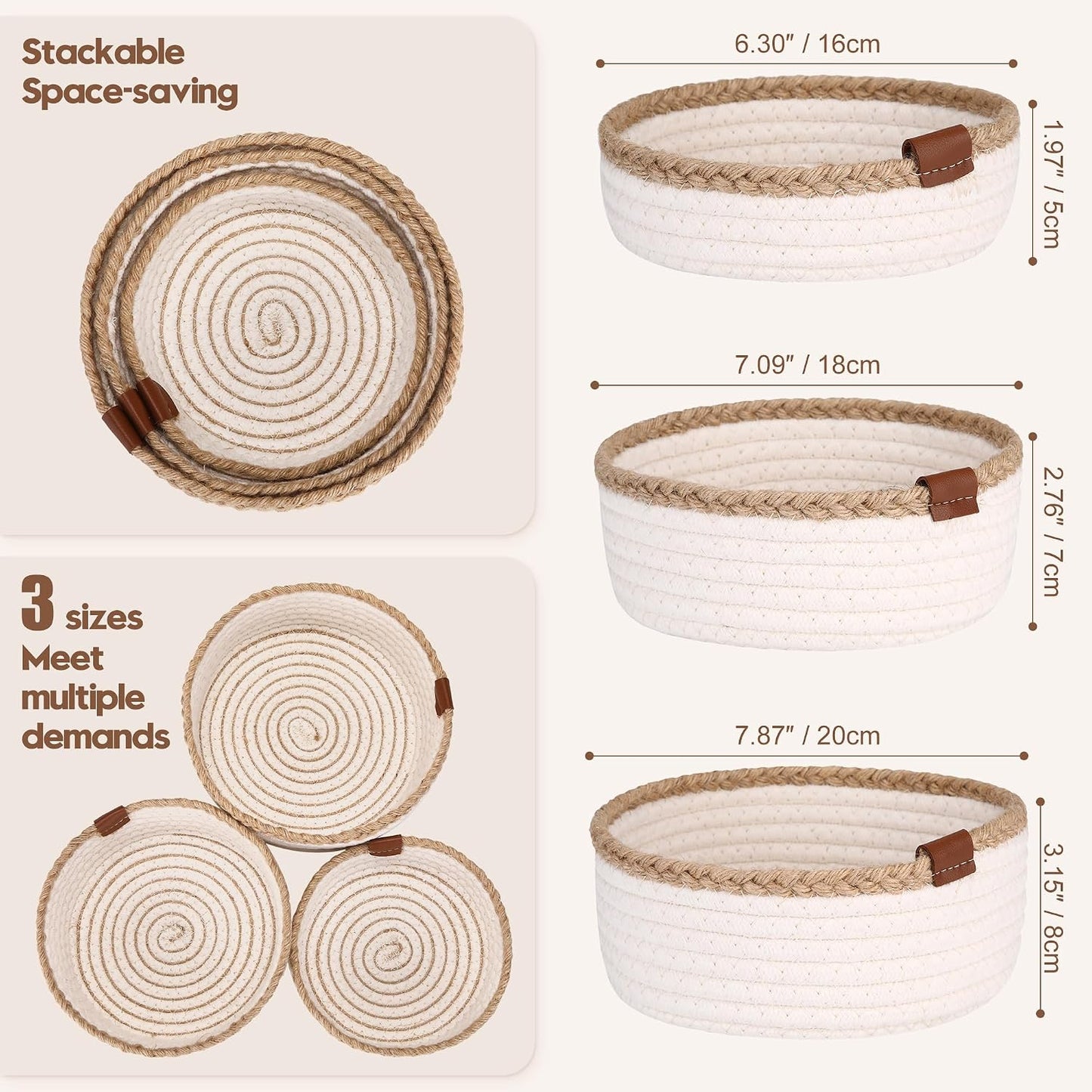 Small Cotton Rope Storage Basket Set / White & Jute / Set of 3