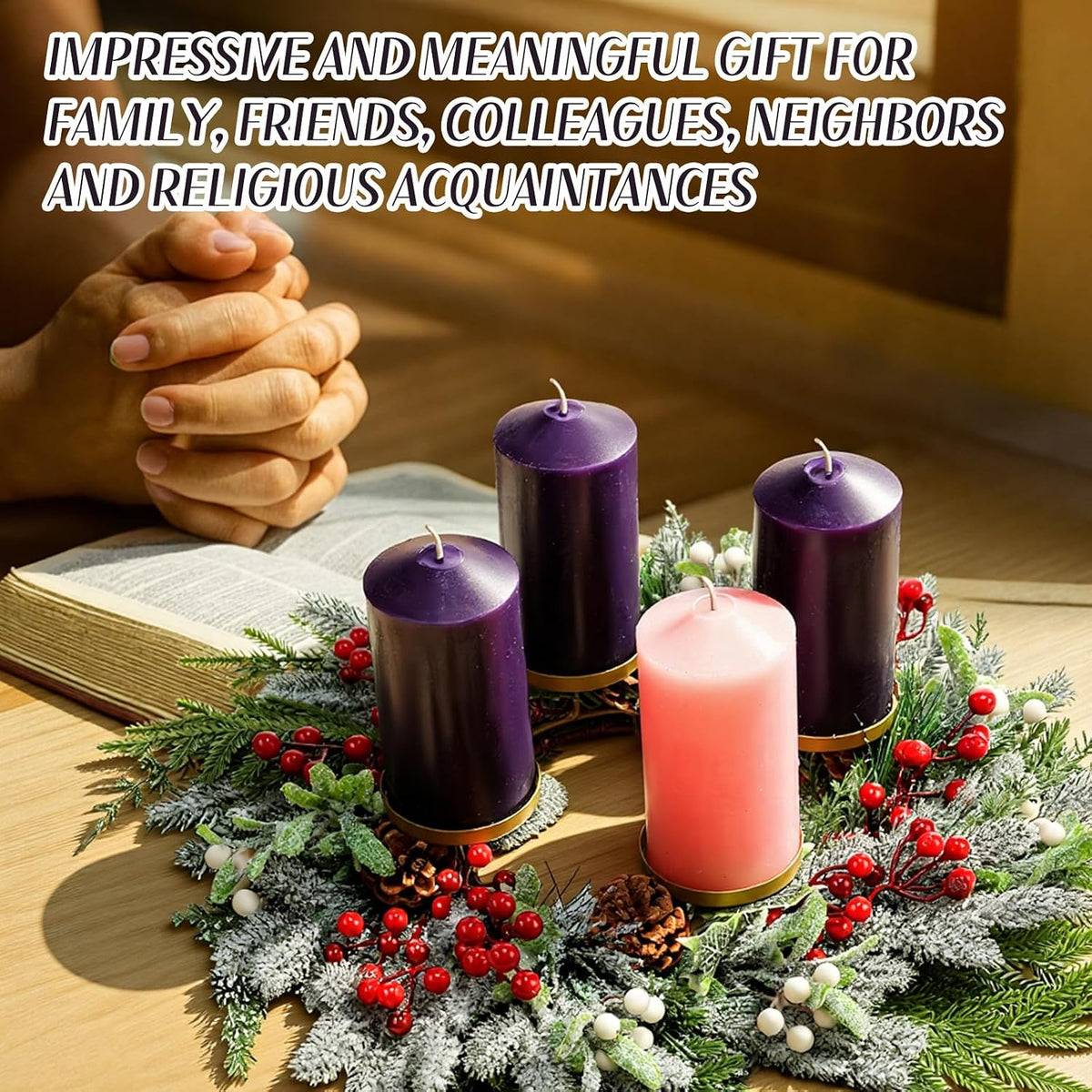 Reallnaive Large Christmas Advent Wreath Candle Holder with Norfolk Pine, Cedar, Mistletoe 19 Inch Rustic Advent