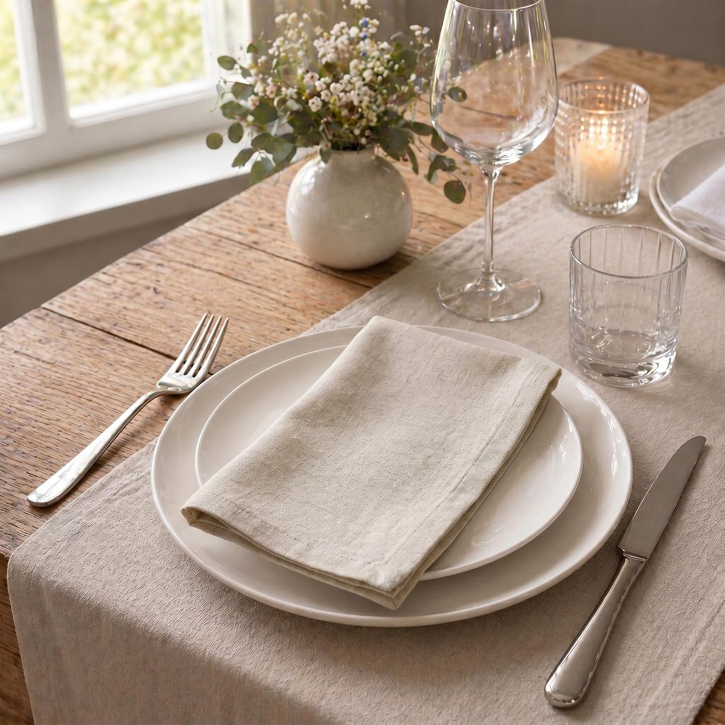 ACCENTHOME Natural Cotton Linen Napkin Set of 12 18x18 inch Dinner Napkins | Cotton Linen Blend Napkins, Machine Wash