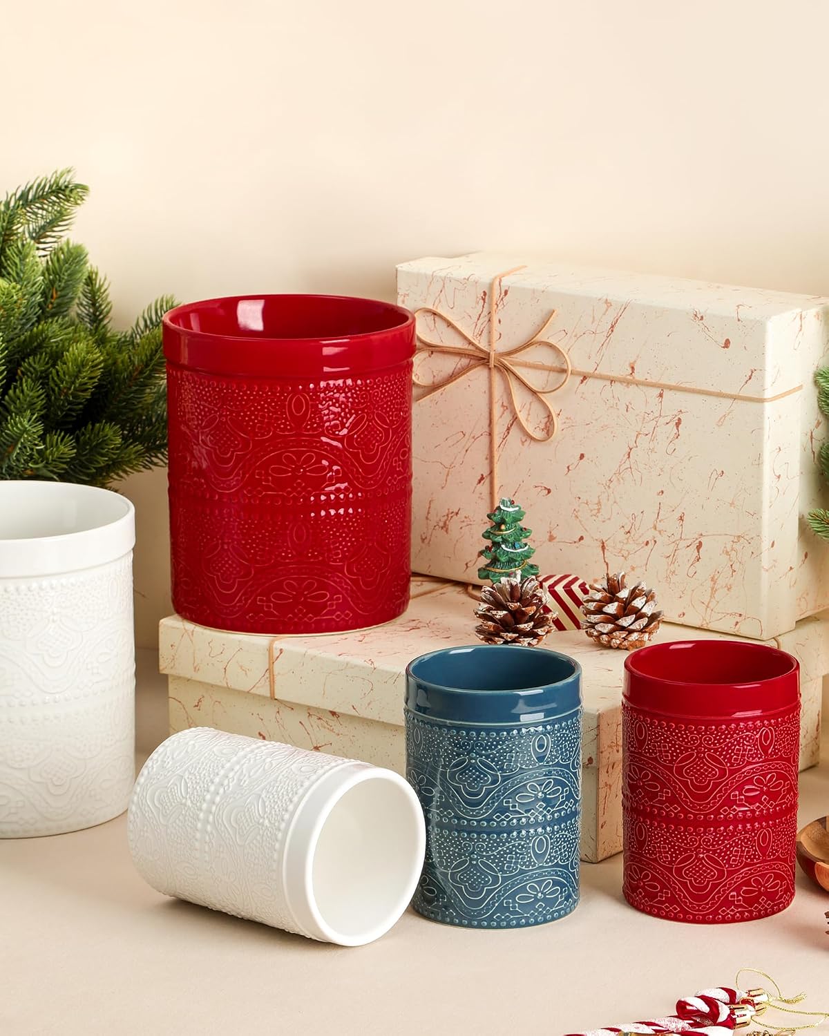 Kitchen Utensil Holder, 7.2+5.5" Super Large Utensil Crock Heavy and Stable Lace Emboss Ceramic Utensil Holder for