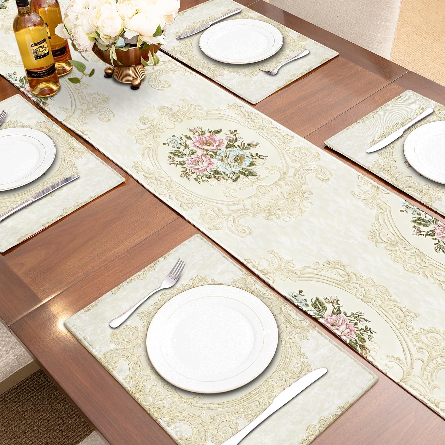 Loom and Mill Luxury Damask Placemats Set of 4, Pearly Beige, 12x18in | Elegant Jacquard Non-Slip Table Place Mats for