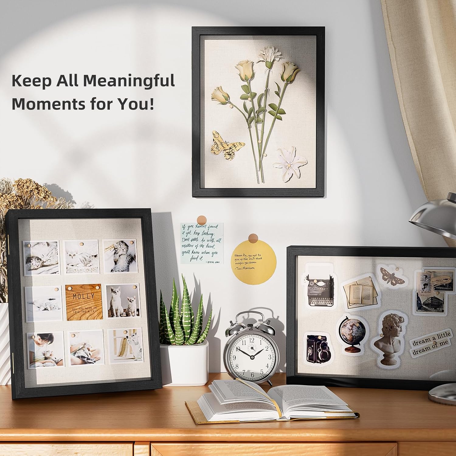 Love-KANKEI Deep Large Shadow Box 13x16.5,Solid Wood Frame,Memory Box,Black | Front-Opening Glass Magnetic Door,Linen