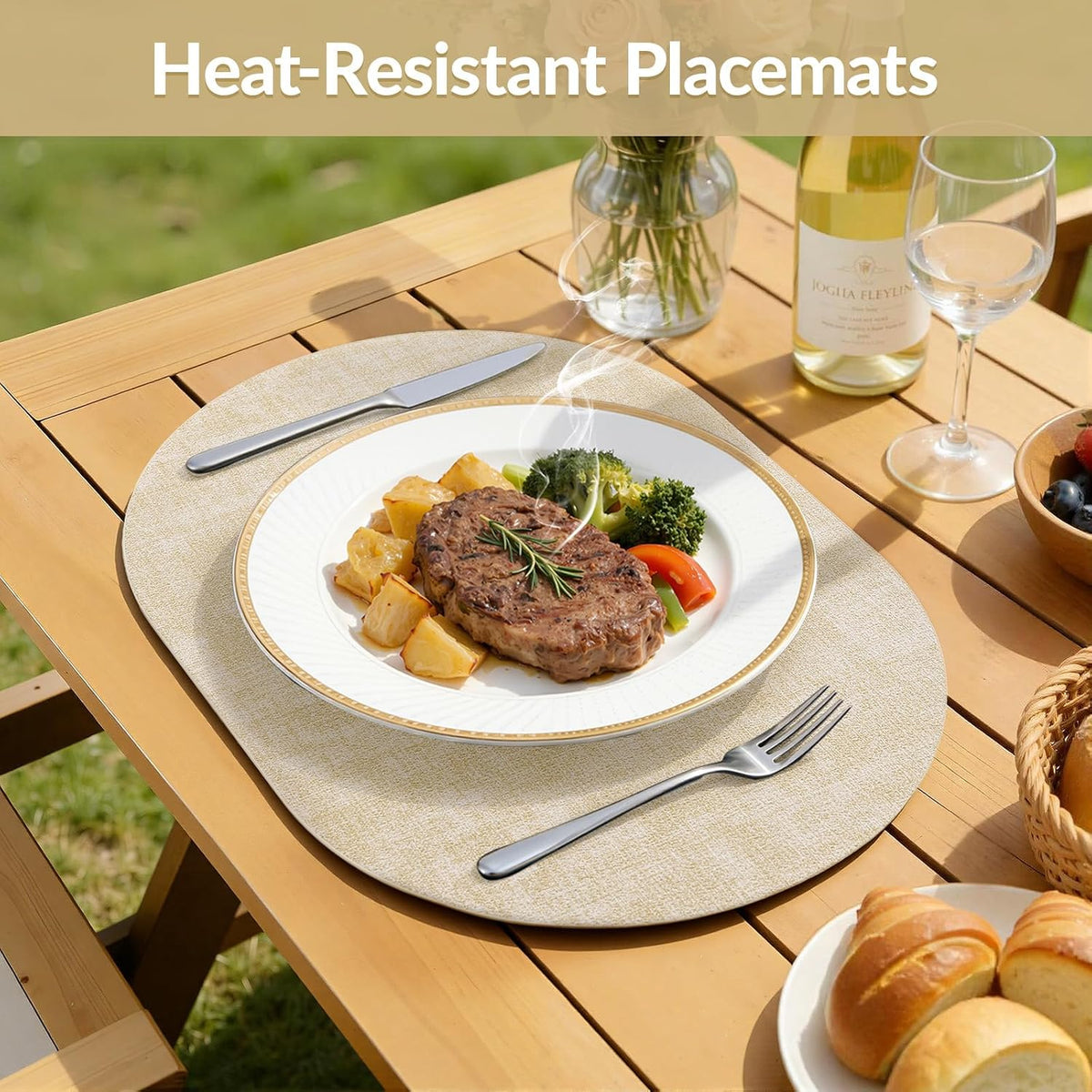 Placemats Set of 6, 11.8 x 17 Inch, Beige | Heat Resistant Oval Faux Leather Place Mats, Waterproof Wipeable Reversible