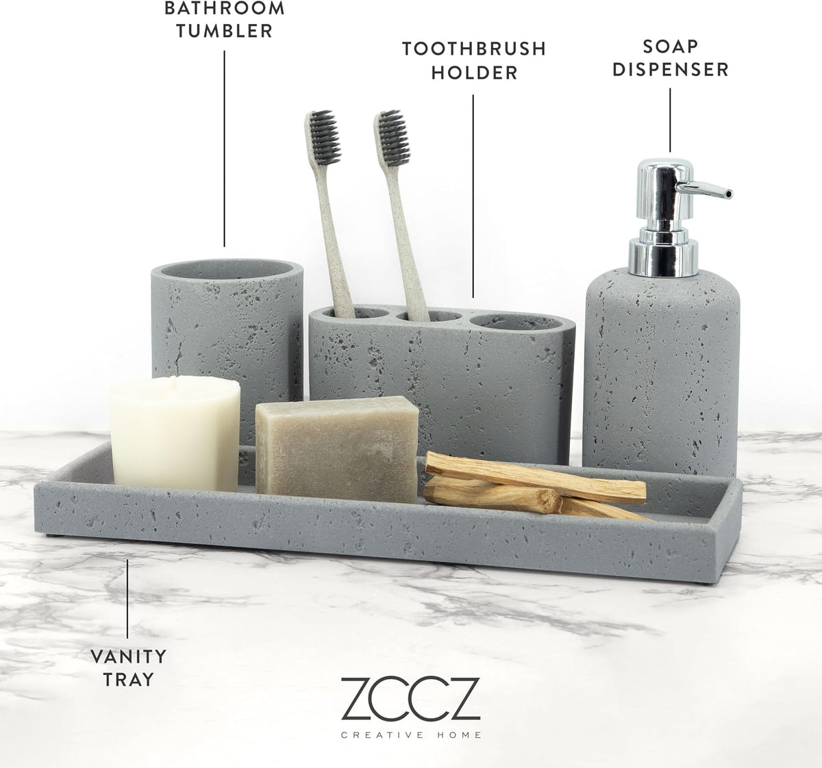 Beige Bathroom Accessories Set 4 Pcs - Toothbrush Holder, Soap Dispenser, Vanity Tray, Bathroom Tumbler - Countertop