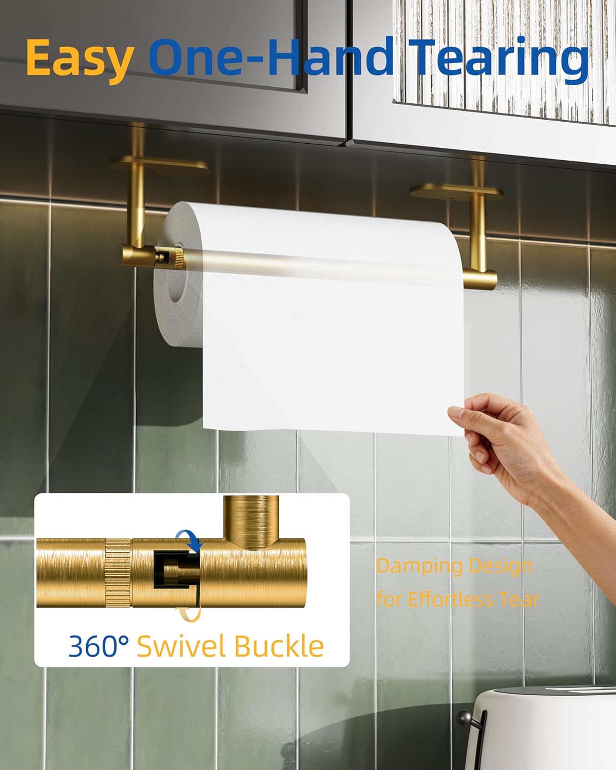 RUACQ Paper Towel Holder Under Cabinet, Stainless Steel, Brushed Gold | Drill Wall Mount or Adhesive, Round Base