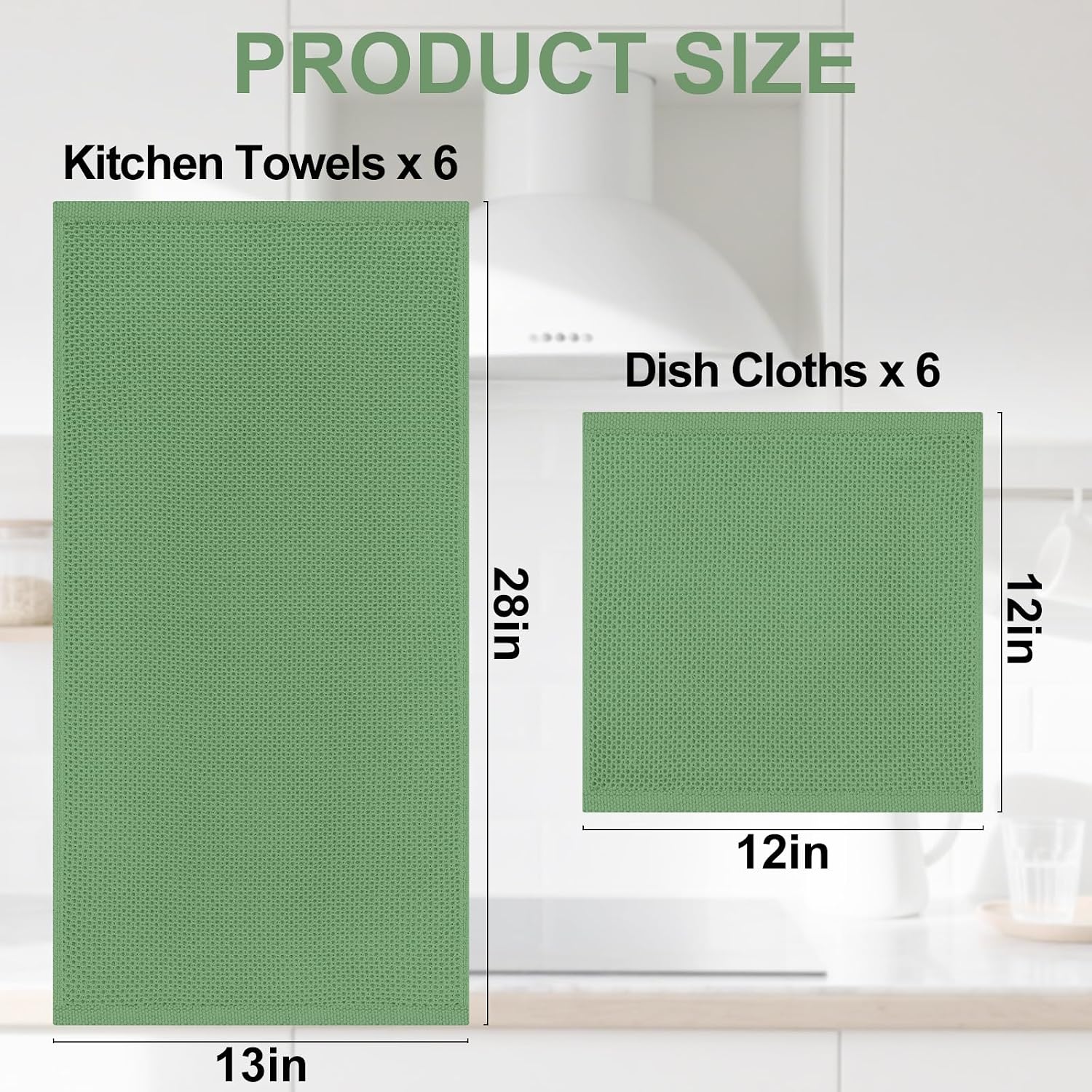Homaxy 12 Pack 100% Cotton Kitchen Towels and Dishcloths Set, Grass Green | 12 x 12 Inches and 13 x 28 Inches Kitchen