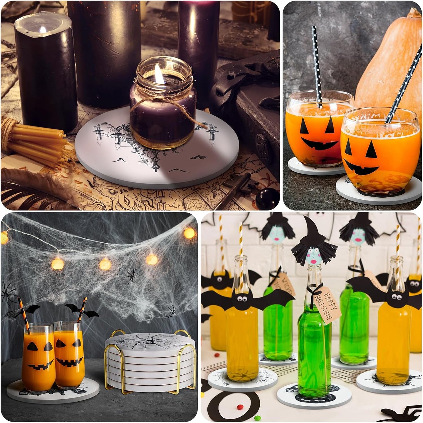 Vintage Gothic Coasters Spider Skull Raven Bottle Design Drink Coaster / Halloween / Set of 6