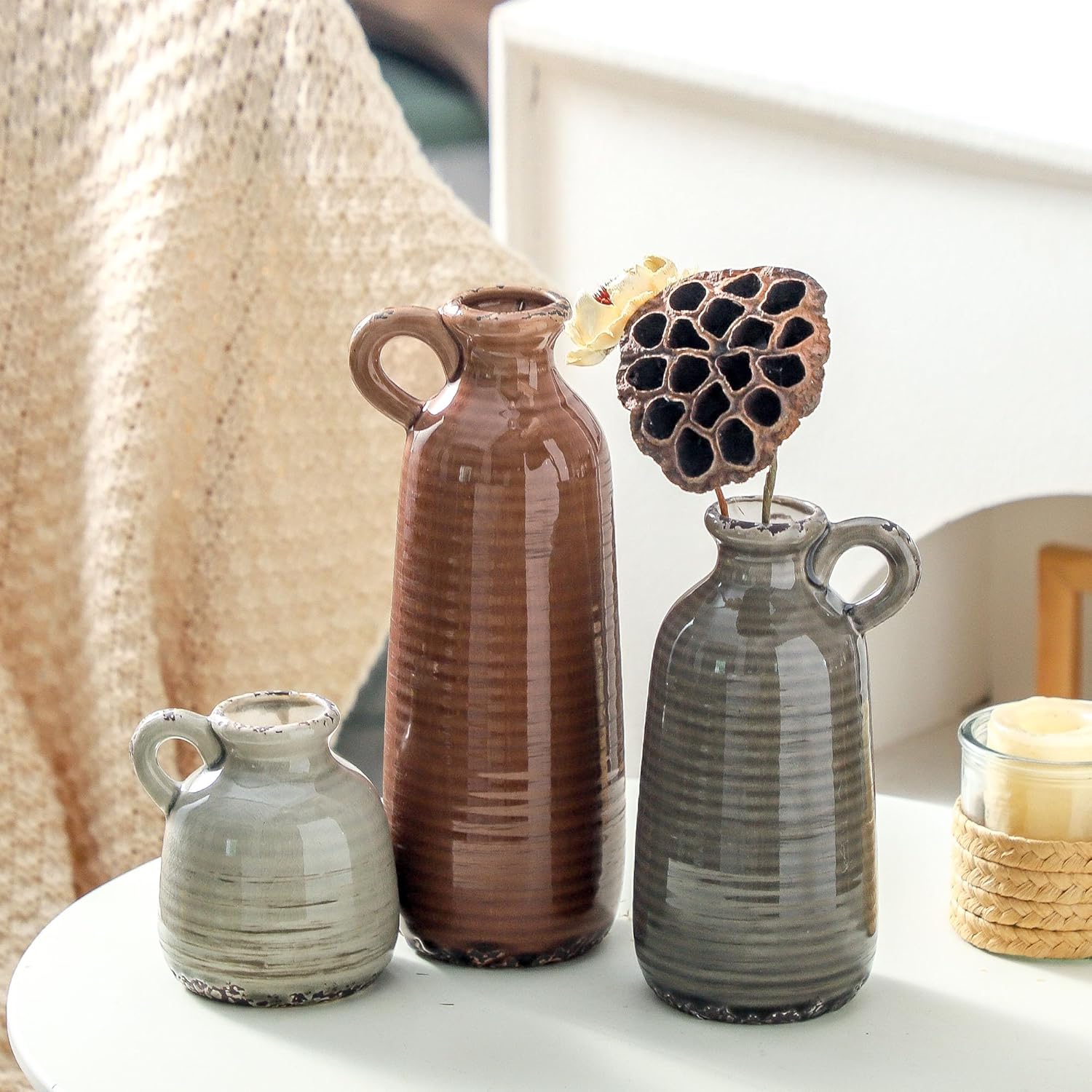Ceramic Vases / Neutral Rustic Farmhouse Vase / 010 Vase Set with Handle - Brown / Set of 3