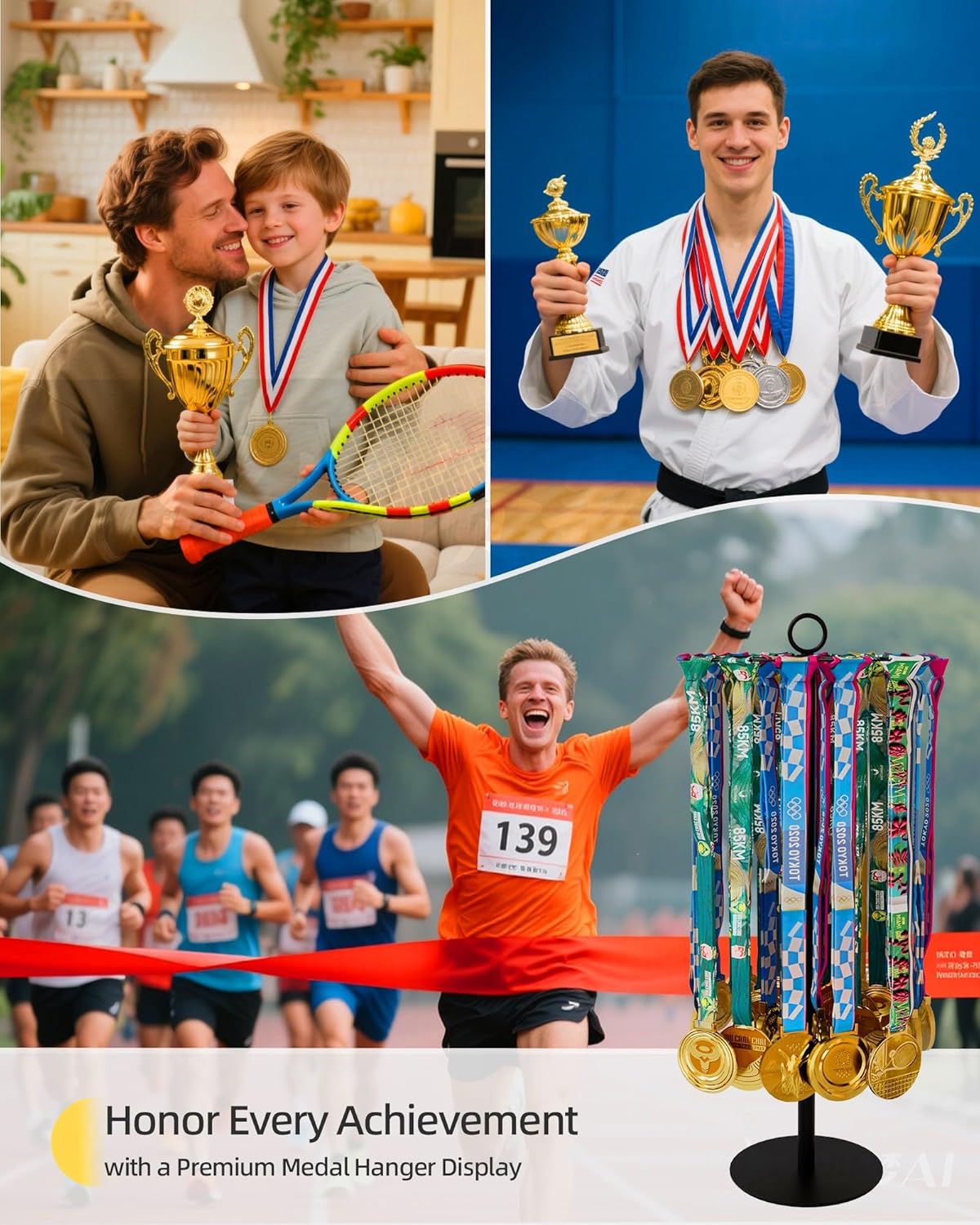 Rotatable Medal Hanger Display – Adjustable Medal Honor Display – Desktop Metal Medal Holder for Running, Sports