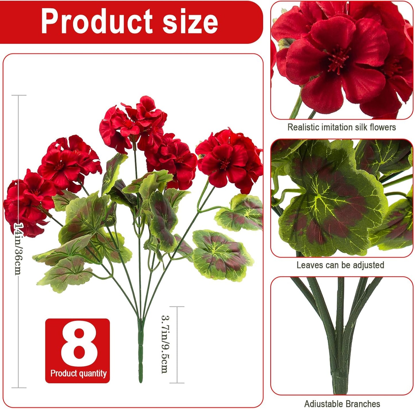 Artificial Geranium Plant Realistic Silk Flowers for Outside UV Resistant Faux / Red / Set of 8