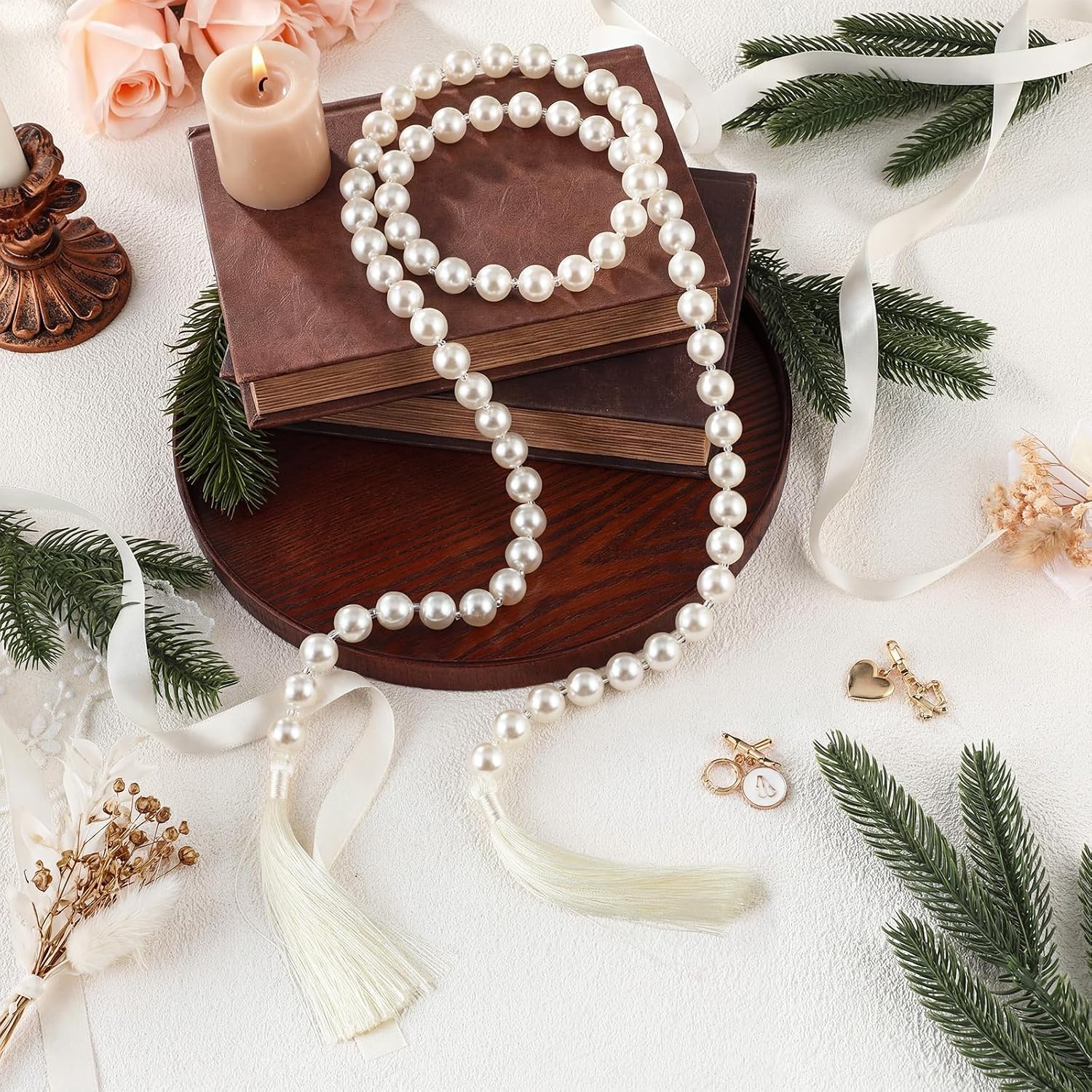 Tassels 16mm Pearl Glass Bead Garland Boho Wedding Table Decor Healing Bead / Beige / 58 Inch