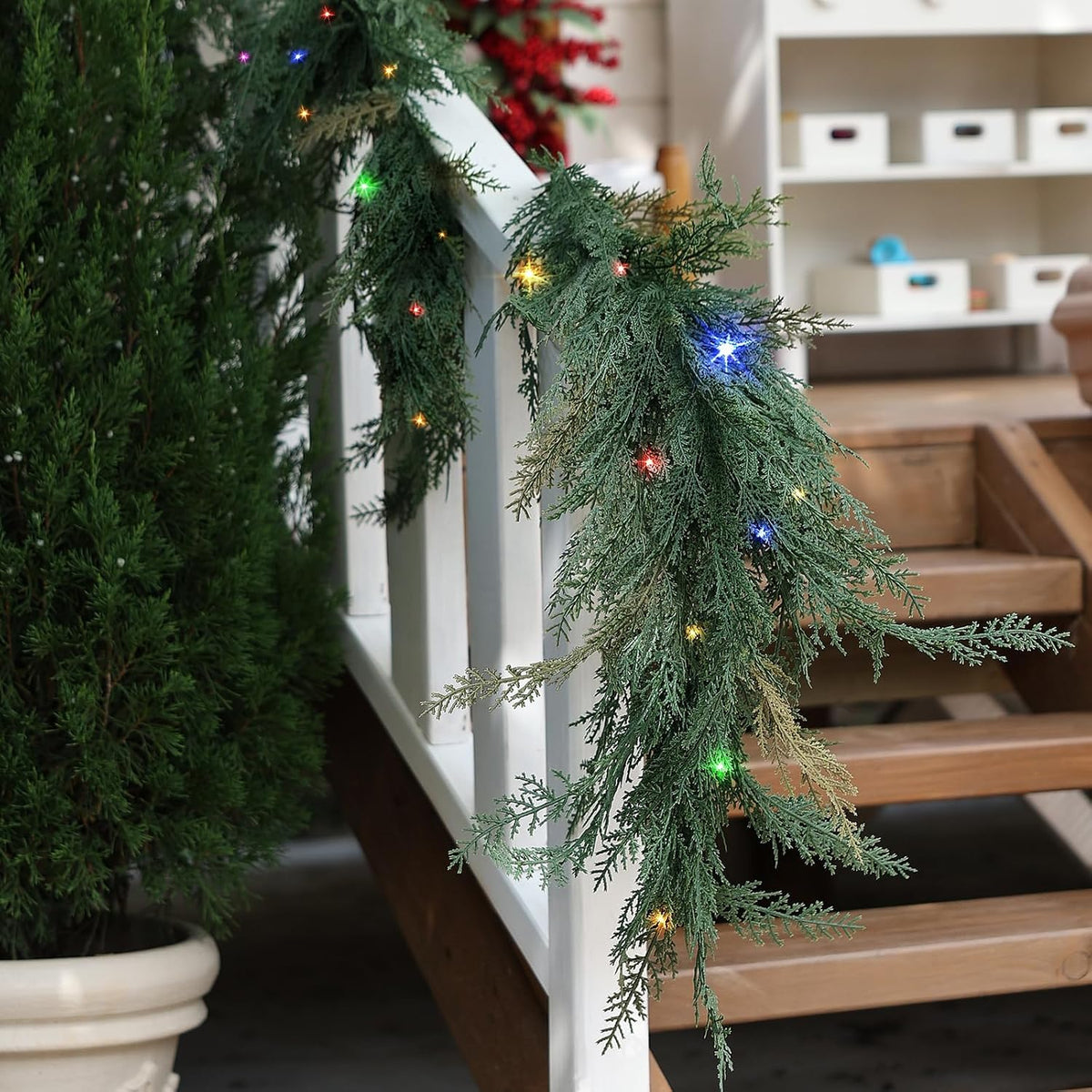 Christmas Cedar Garland Realistic - Cypress Decorations with Lights 6ft for Mantle Lighted Faux Pine Garlands for Xmas