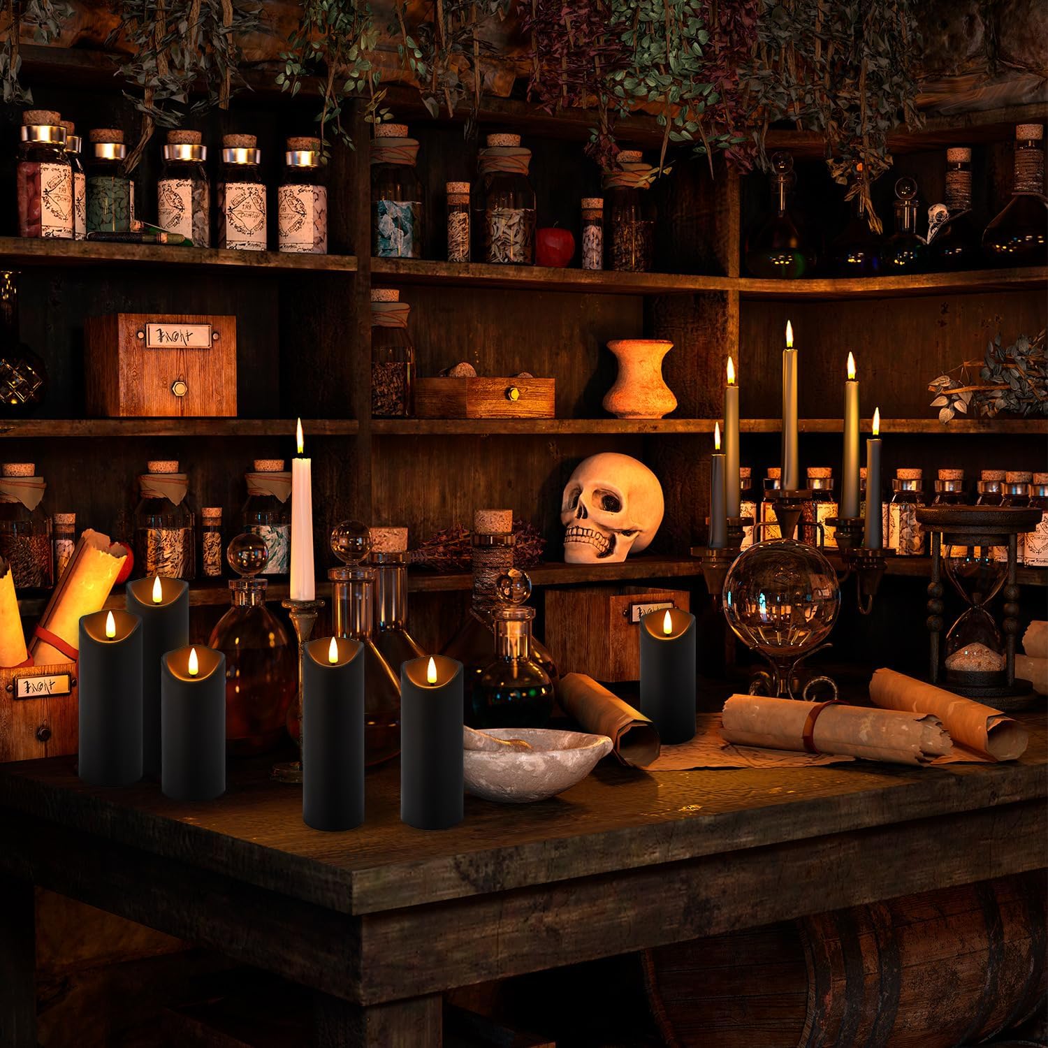 YOROXRG 12 Pack Halloween Decoration Flickering Flameless Candles, Battery Operated LED Pillar Candles with Remote