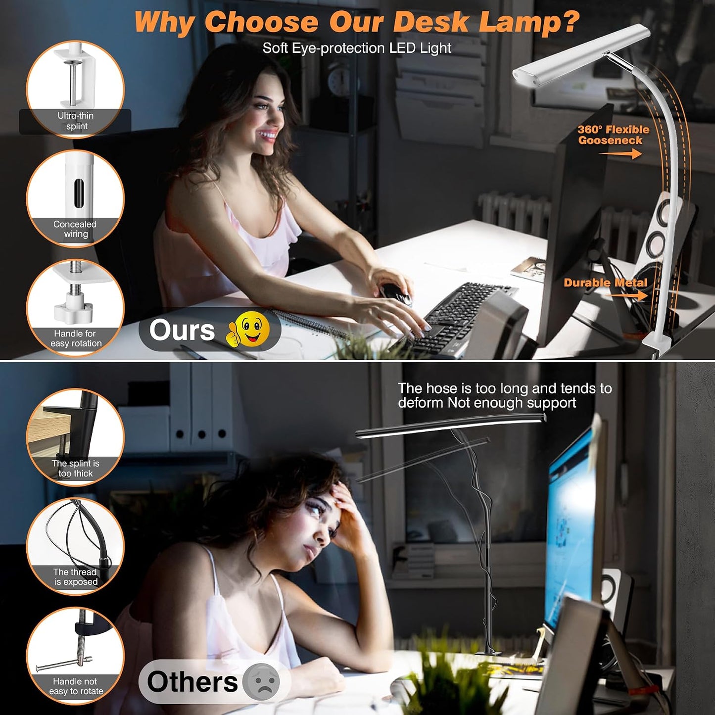 Airlonv LED Desk Lamp with Clamp, 17" Stepless Dimming Light, White | 2700K-6500K, 100 LEDs, 360° Gooseneck, Fits Up to
