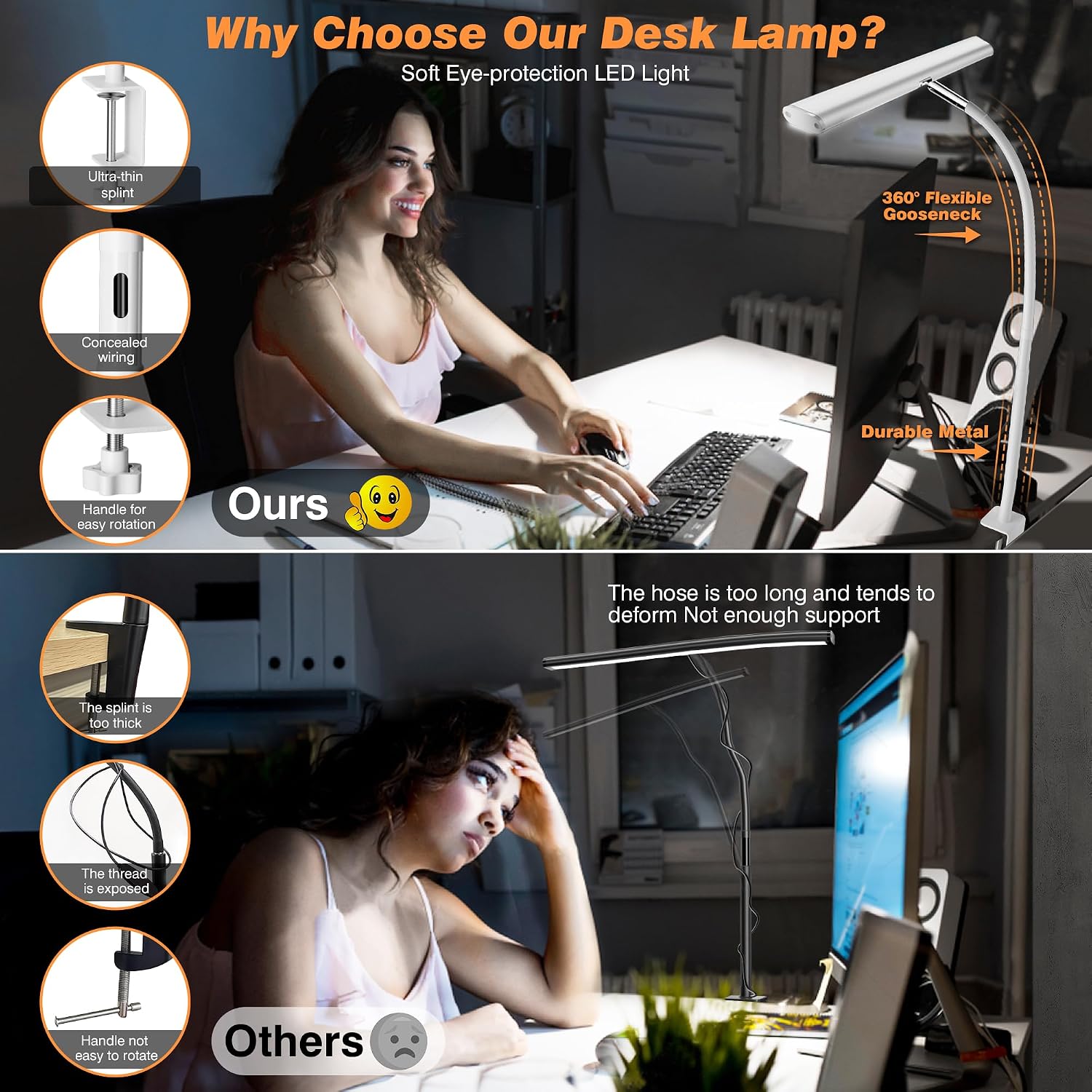 Airlonv LED Desk Lamp with Clamp, 17" Stepless Dimming Light, White | 2700K-6500K, 100 LEDs, 360° Gooseneck, Fits Up to