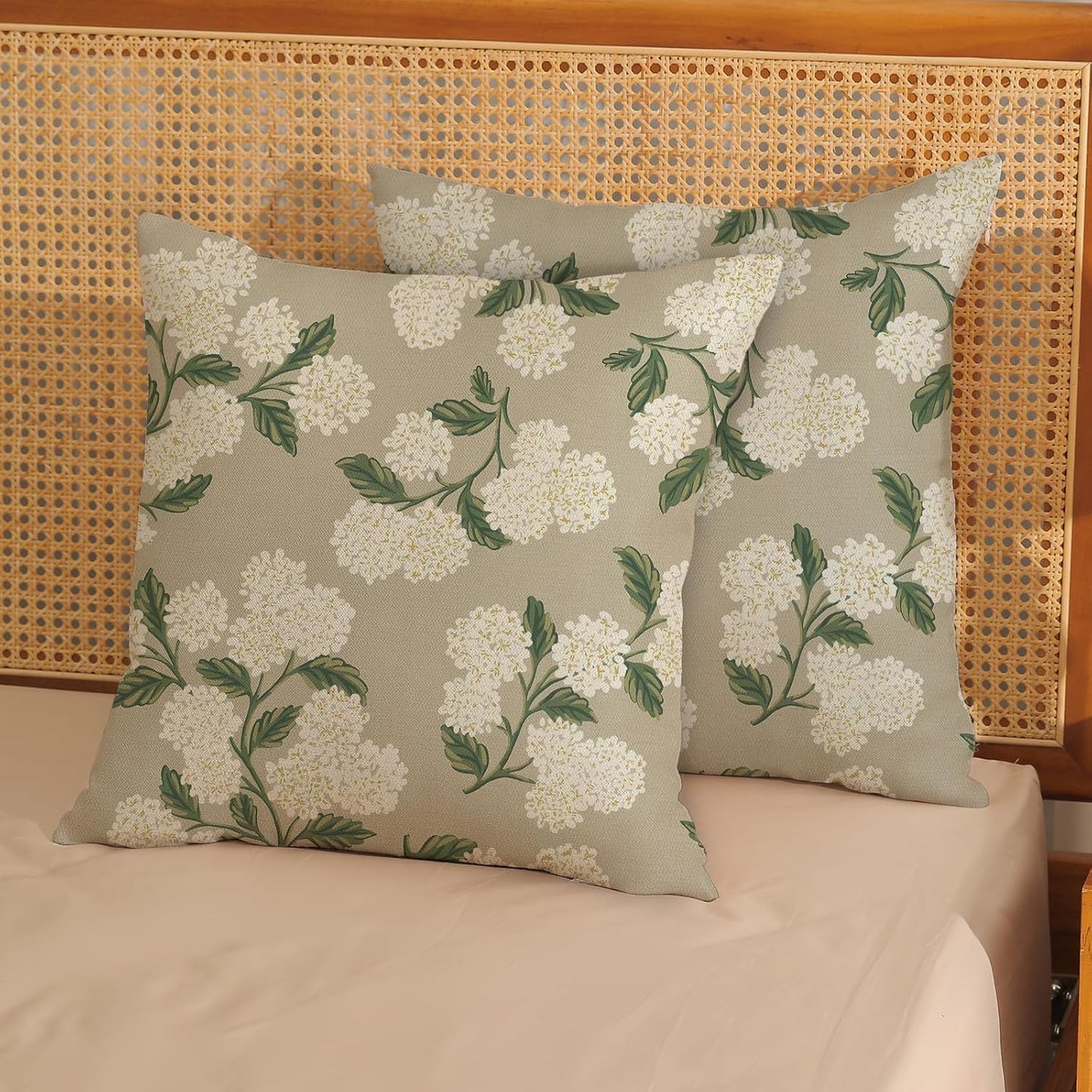 Beige Spring Pillow Covers Khaki Green Hydrangea Flower Decor / 18 x 18 / Beige Hydrangea / Set of 2