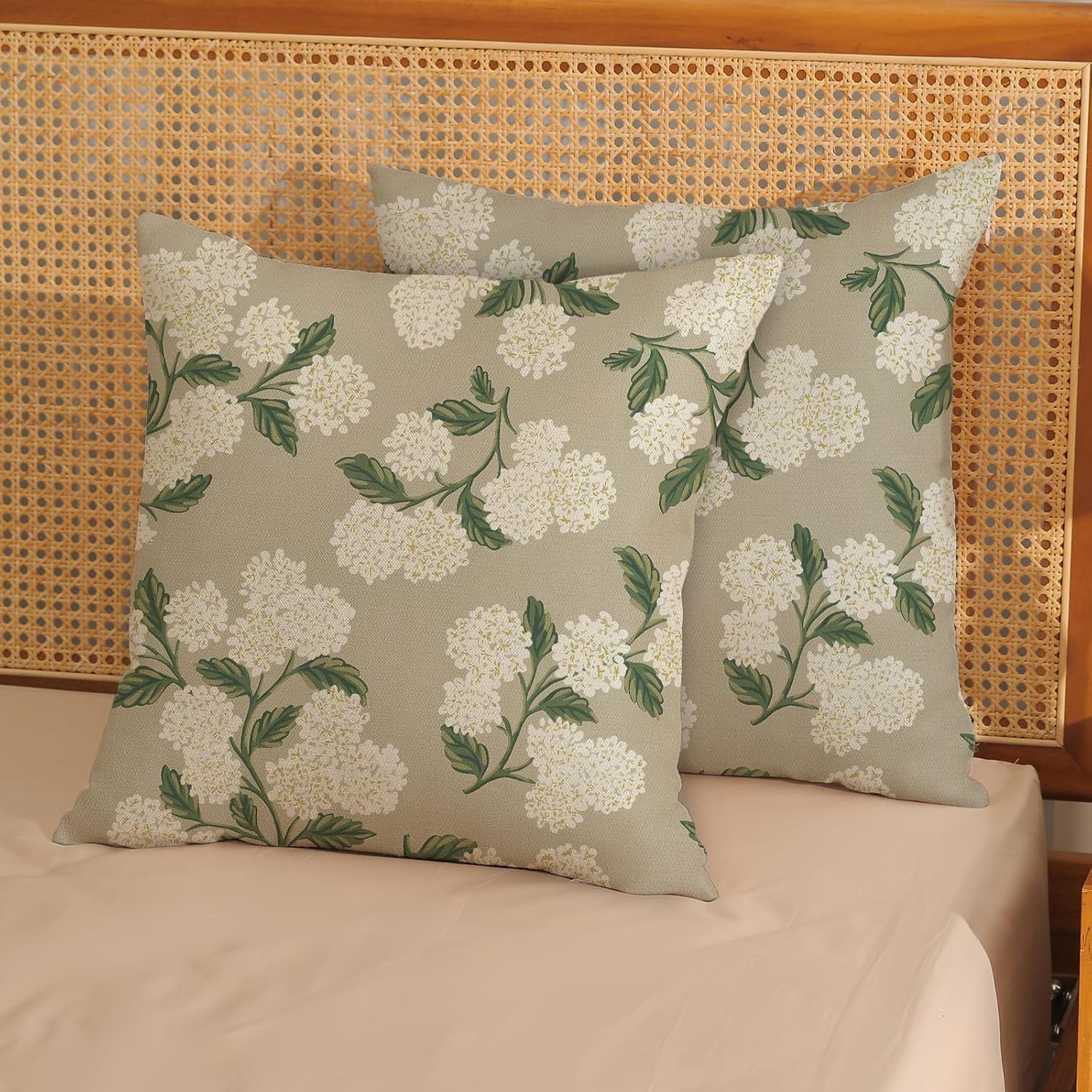 Beige Spring Pillow Covers Khaki Green Hydrangea Flower Decor / 18 x 18 / Beige Hydrangea / Set of 2