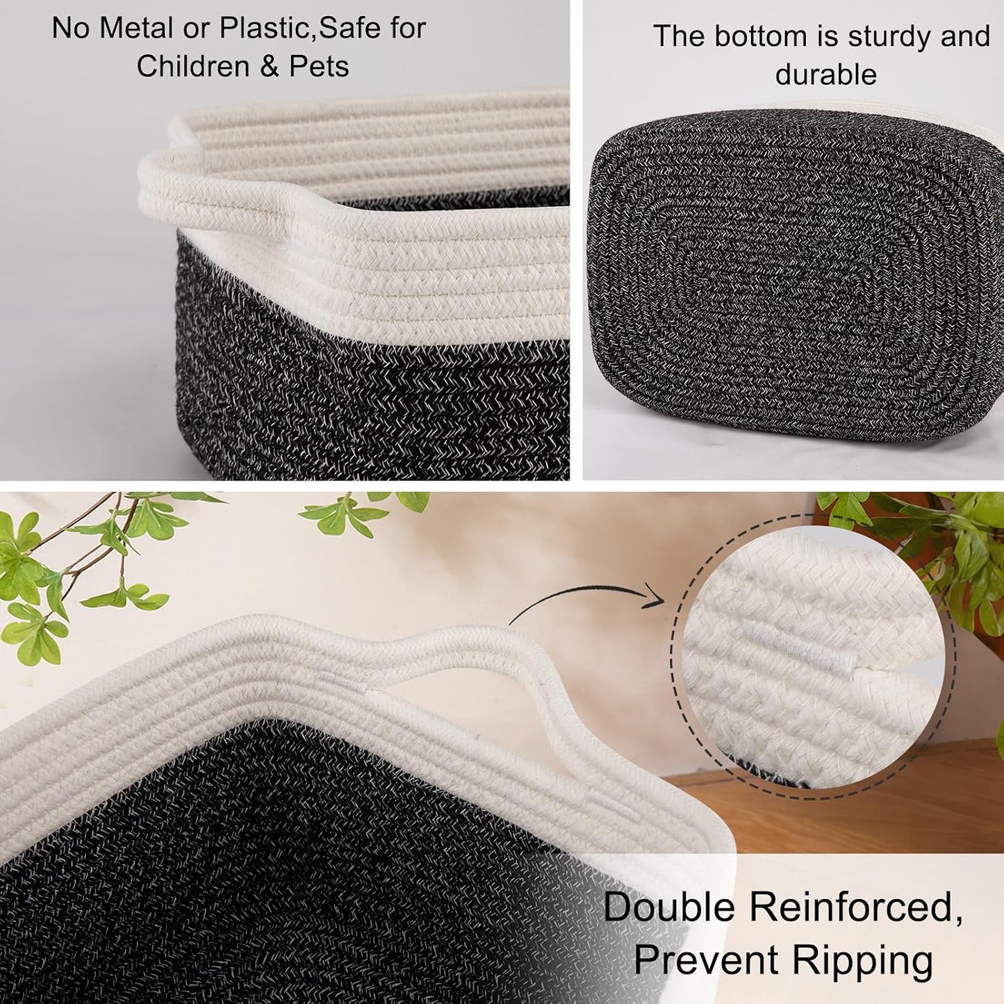 Woven Cotton Rope Basket / Black Variegated / 13.8''x9.8''x5.5 / Set of 3
