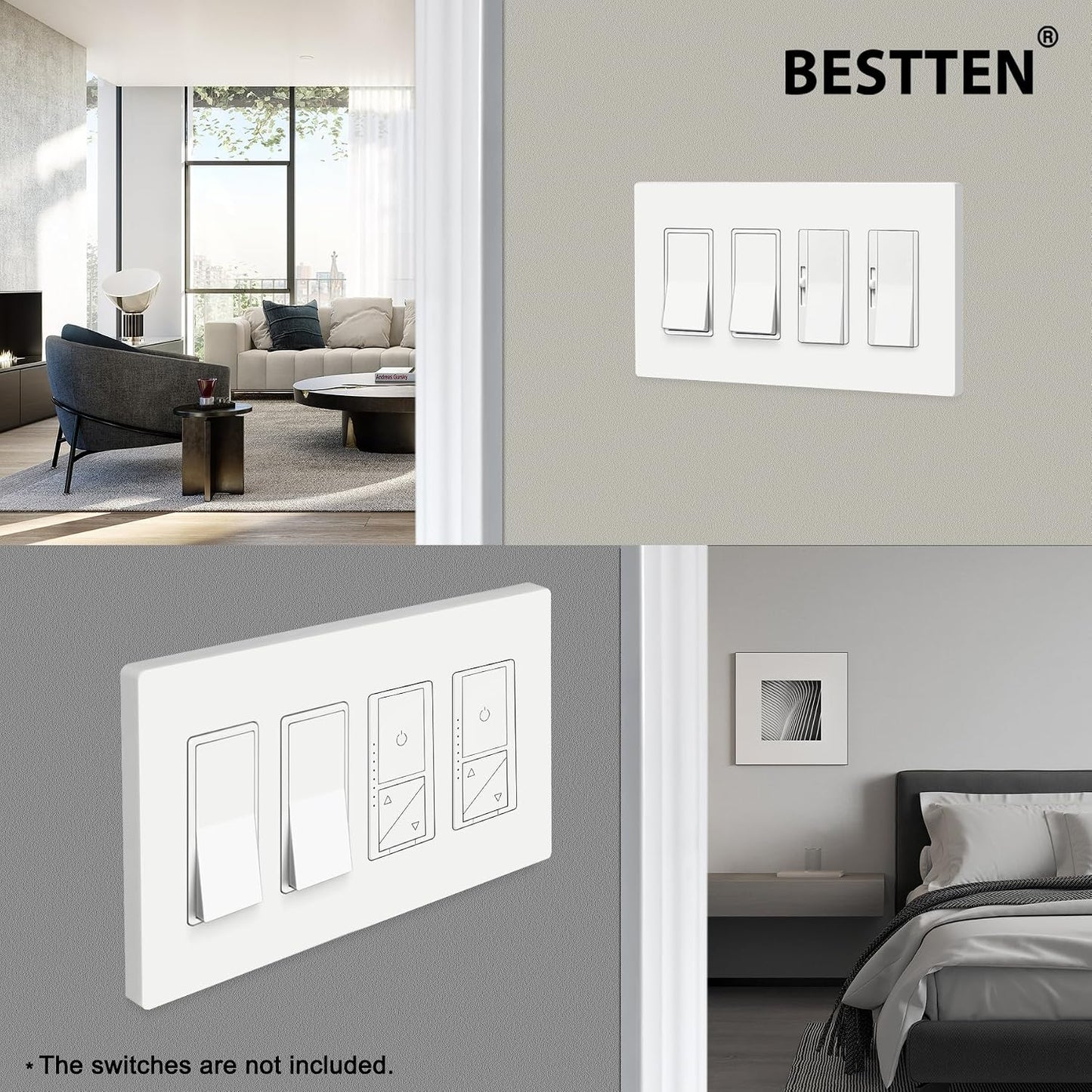 5 Pack BESTTEN USWP4 Off White Series 4-Gang Screwless Wall Plate, Decorator Outlet Cover, for Light Switch, Dimmer
