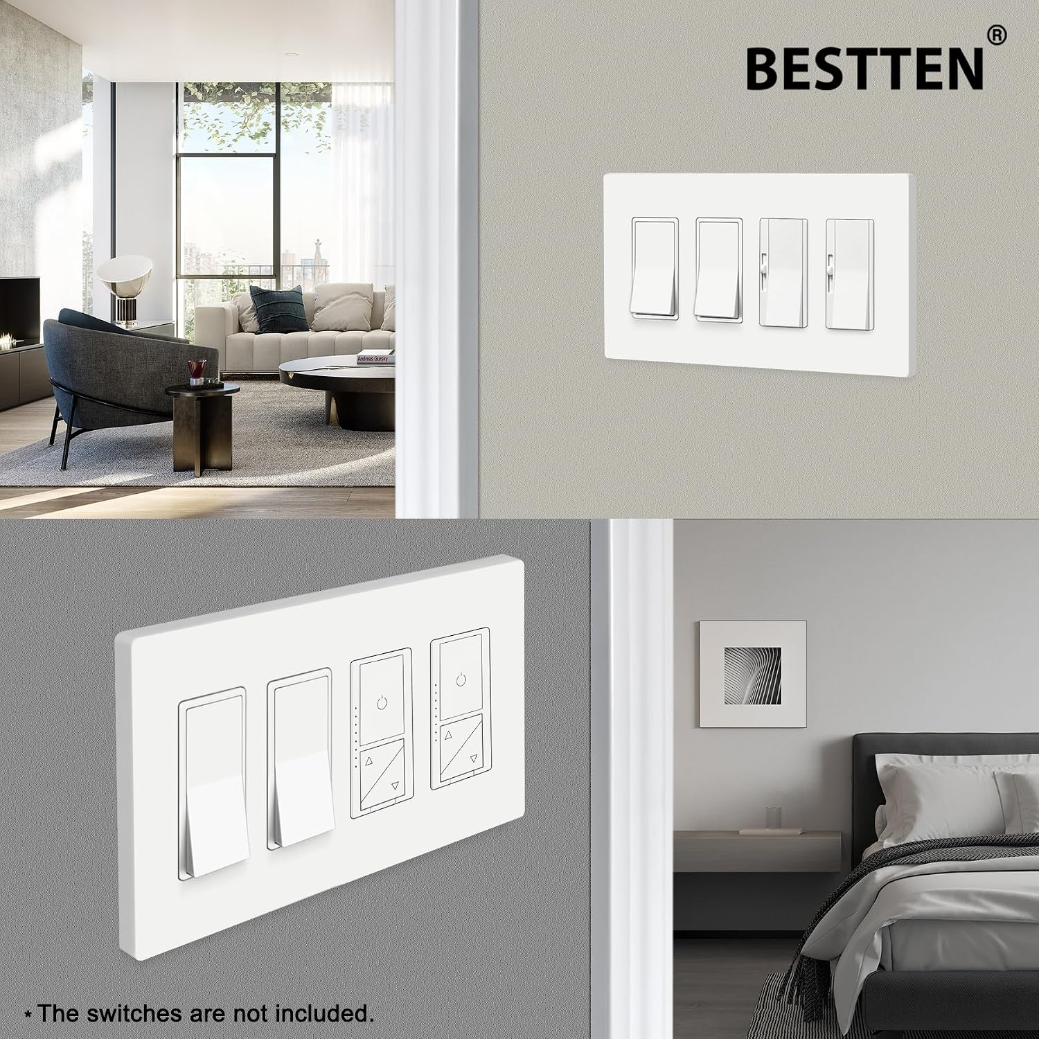 5 Pack BESTTEN USWP4 Off White Series 4-Gang Screwless Wall Plate, Decorator Outlet Cover, for Light Switch, Dimmer