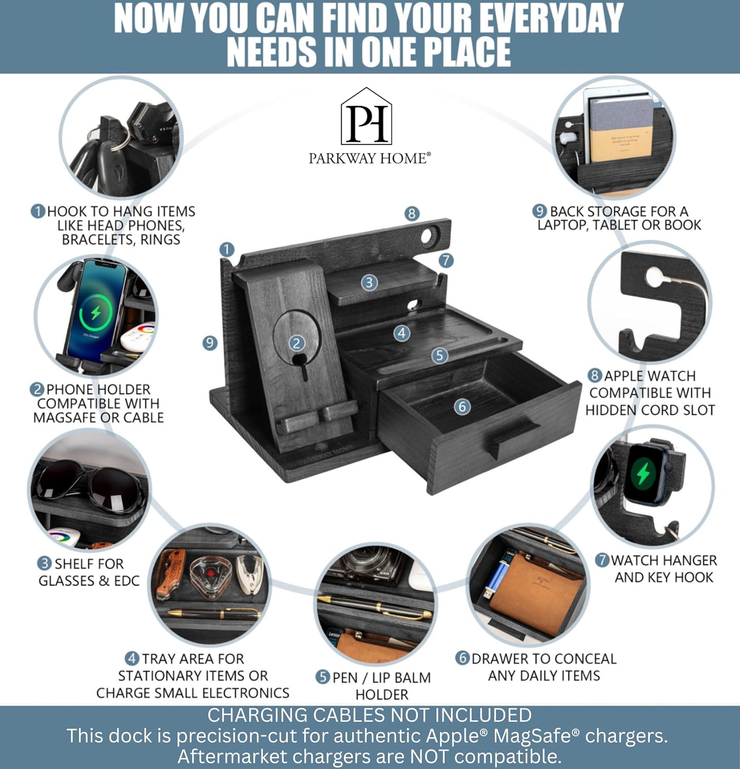 Black Wood Phone Docking Station with Drawer, Compatible with Apple Watch - Wood Charging Station Organizer Stand