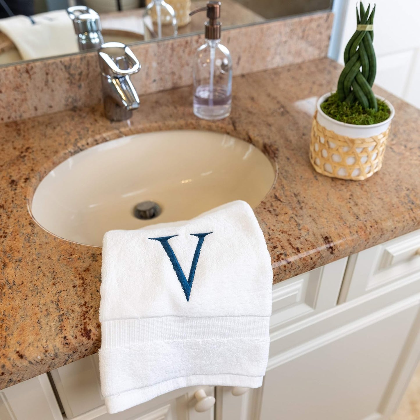 White with Navy Monogrammed Hand Towels for Bathroom - Set of 2 Letter V | Luxury Hotel Quality Initial Towels For